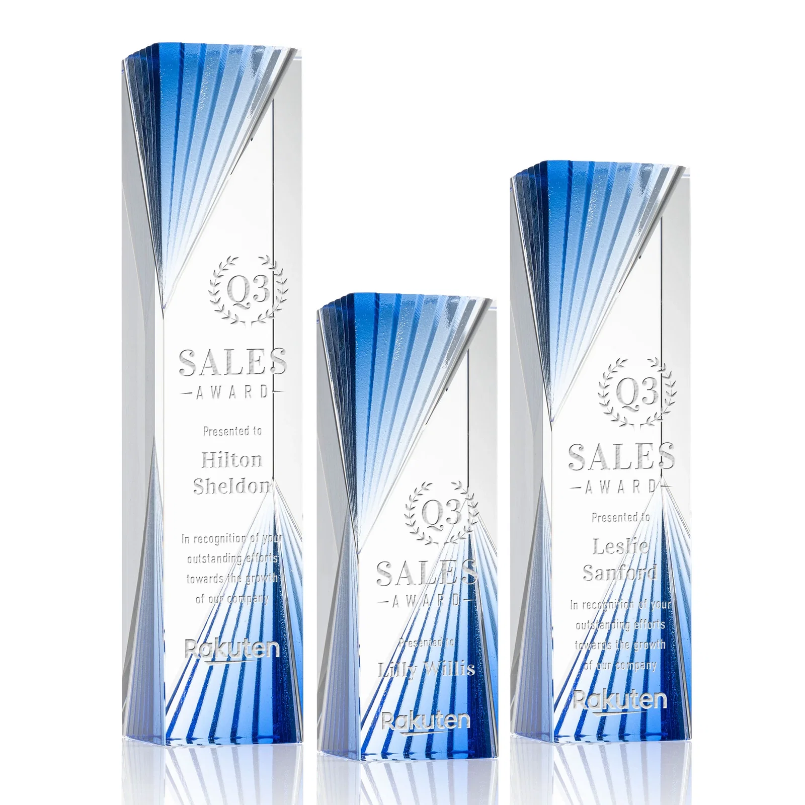 Custom Optical Crystal Tower Award With Blue Corner Accents for employee recognition