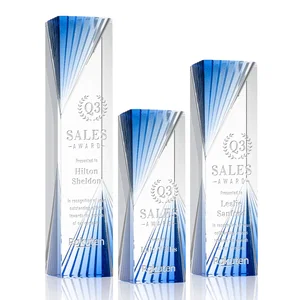 Optical Crystal Tower Award With Blue Corner Accents