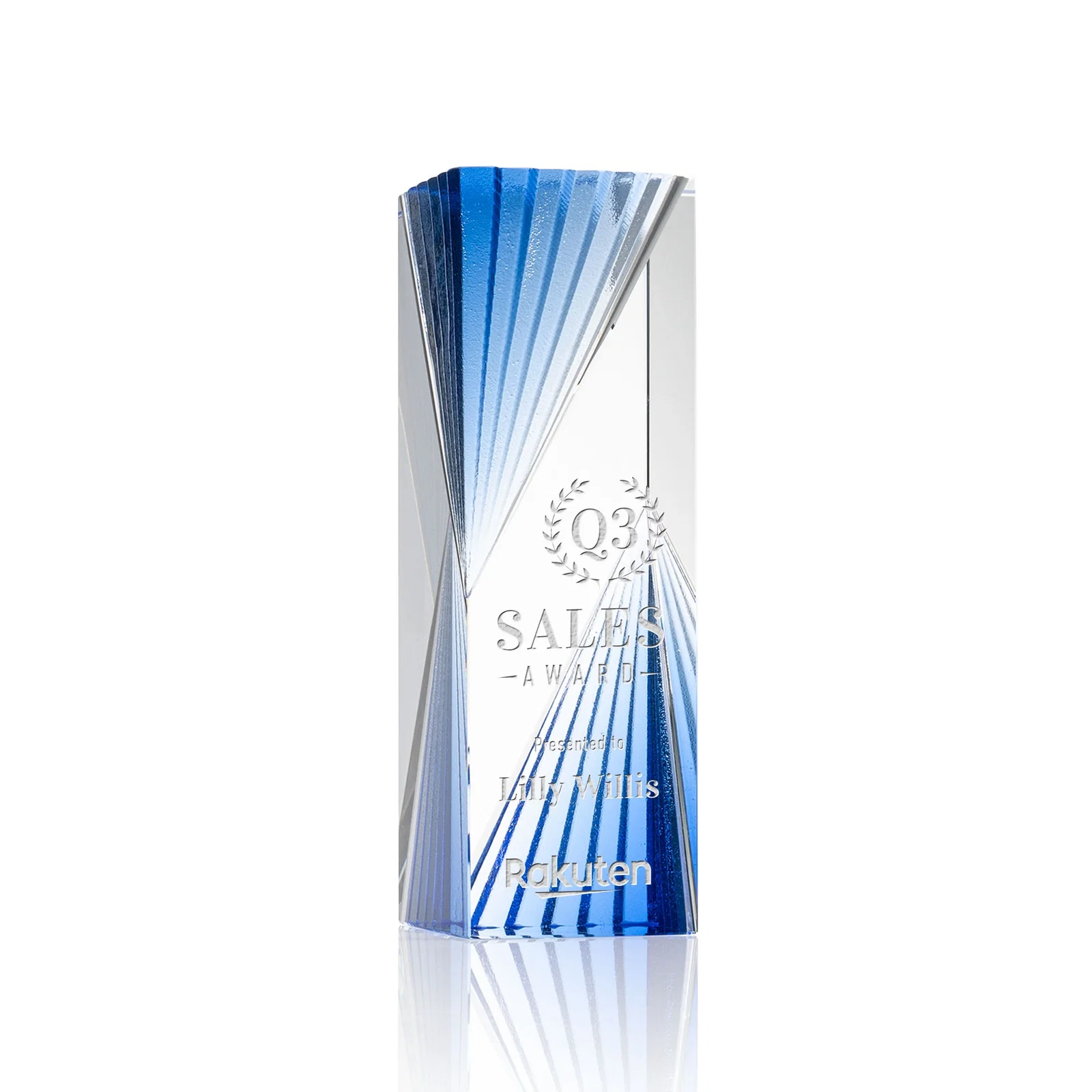Custom Optical Crystal Tower Award With Blue Corner Accents for corporate award ceremonies