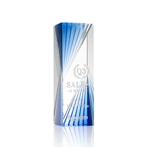 Optical Crystal Tower Award With Blue Corner Accents