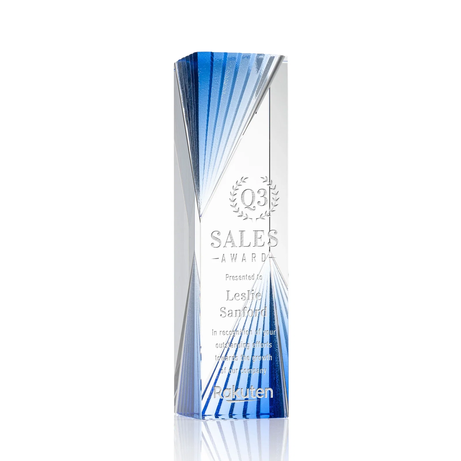 Custom Optical Crystal Tower Award With Blue Corner Accents for service anniversary gifts
