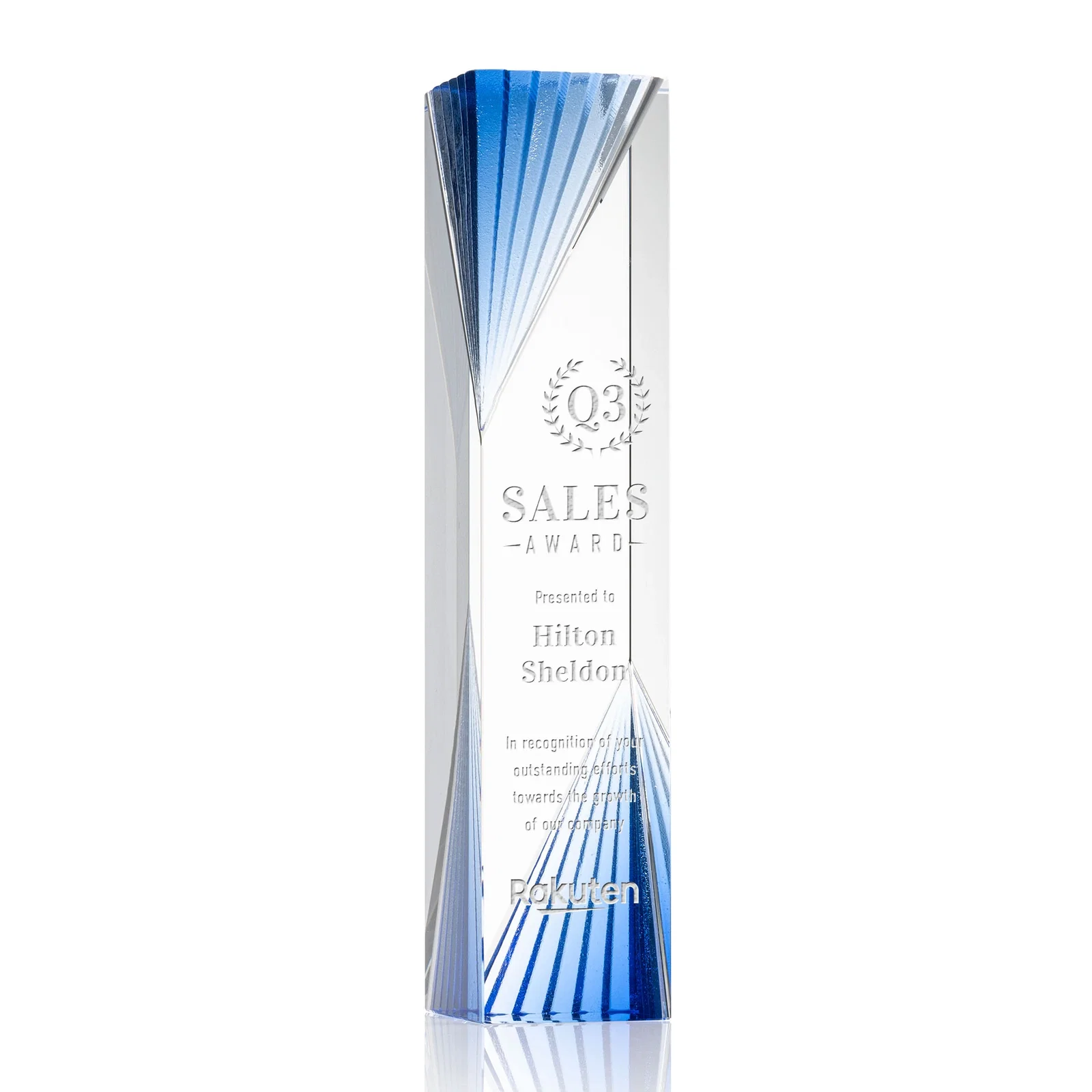 Custom Optical Crystal Tower Award With Blue Corner Accents for sales achievement awards