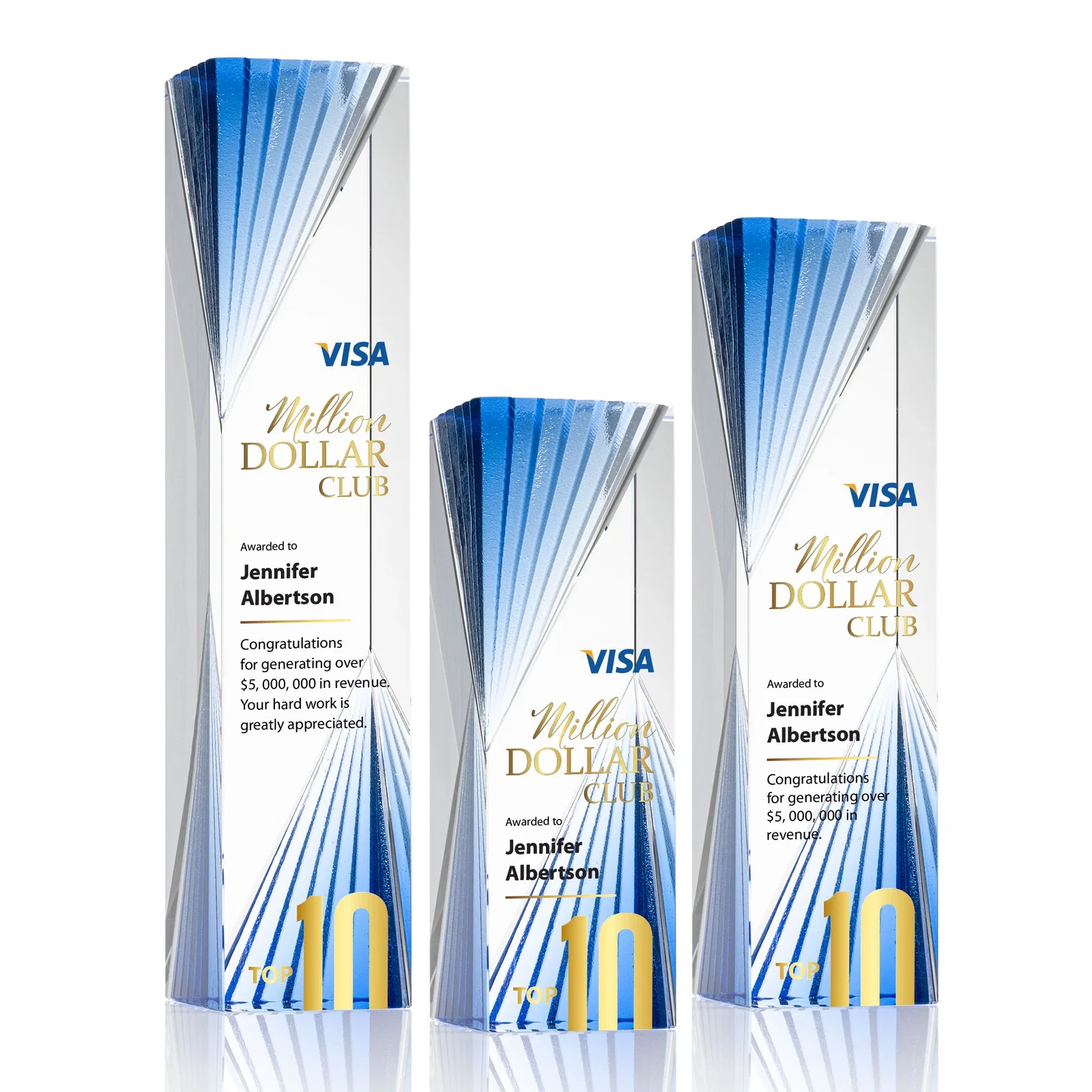 Custom Optical Crystal Tower Award With Blue Corner Accents for team milestone celebrations