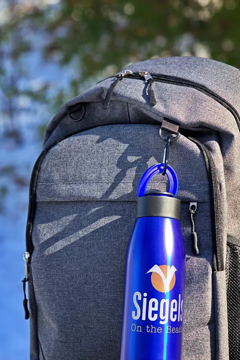 custom Aurora steel bottle with cap off, branded 18 oz copper-coated water bottle