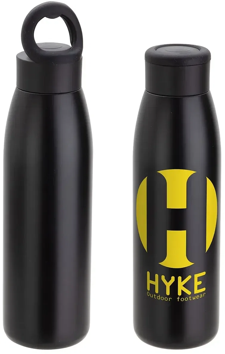 Aurora branded steel bottle, close-up of screw cap and logo imprint area