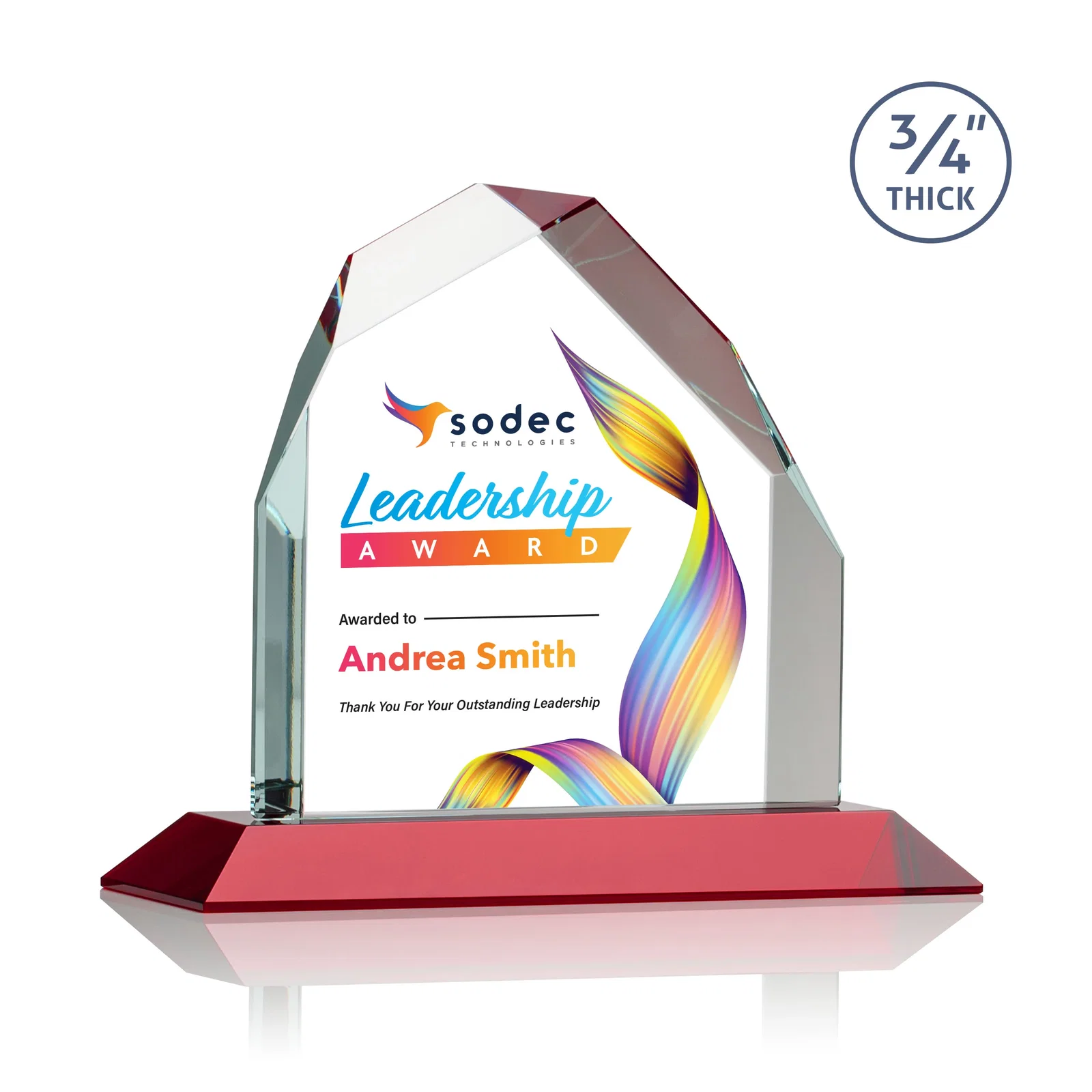 Custom printed Starfire Crystal Peak Award with Divergent Bevel Edges, awards for corporate award ceremonies