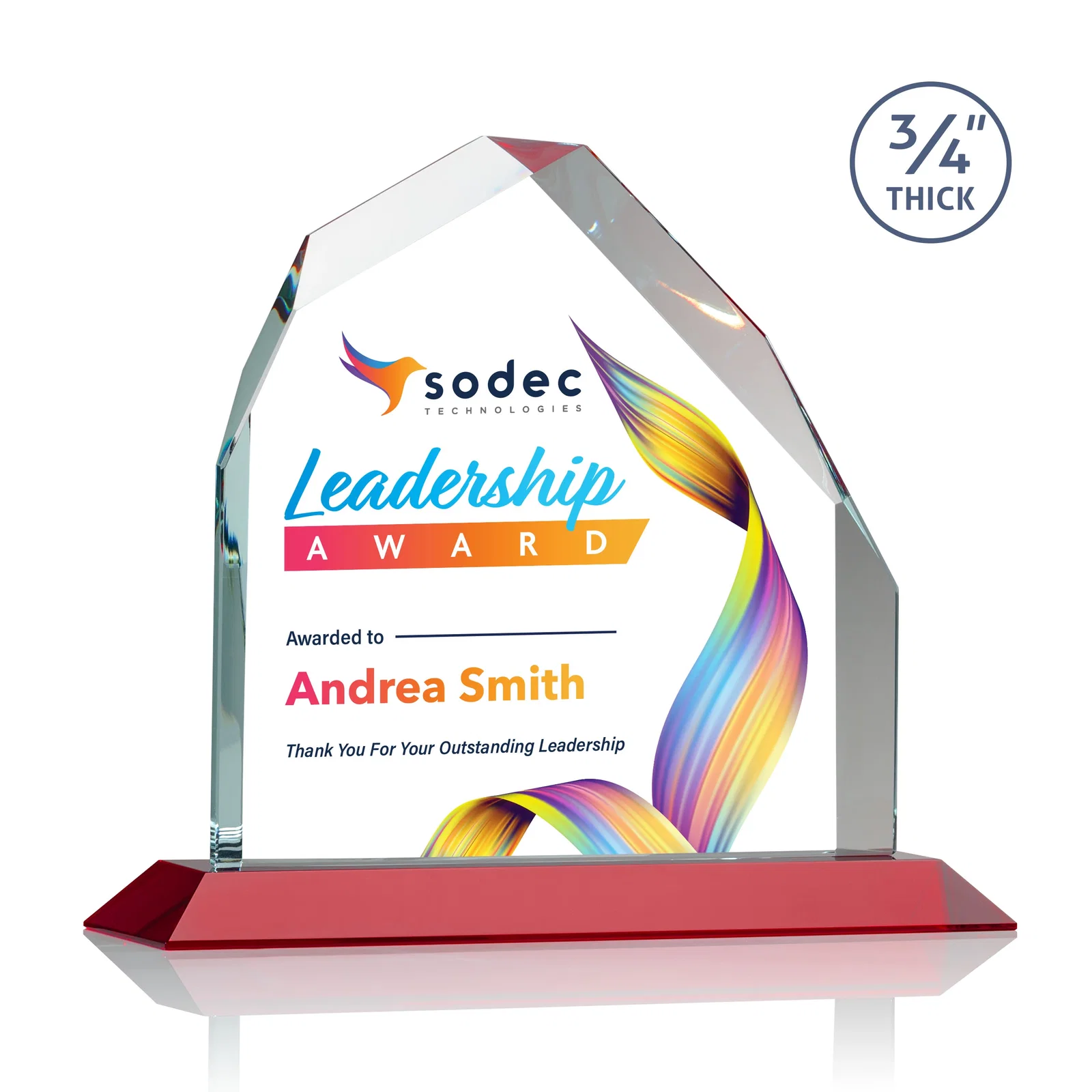 Custom printed Starfire Crystal Peak Award with Divergent Bevel Edges, awards for service anniversary gifts
