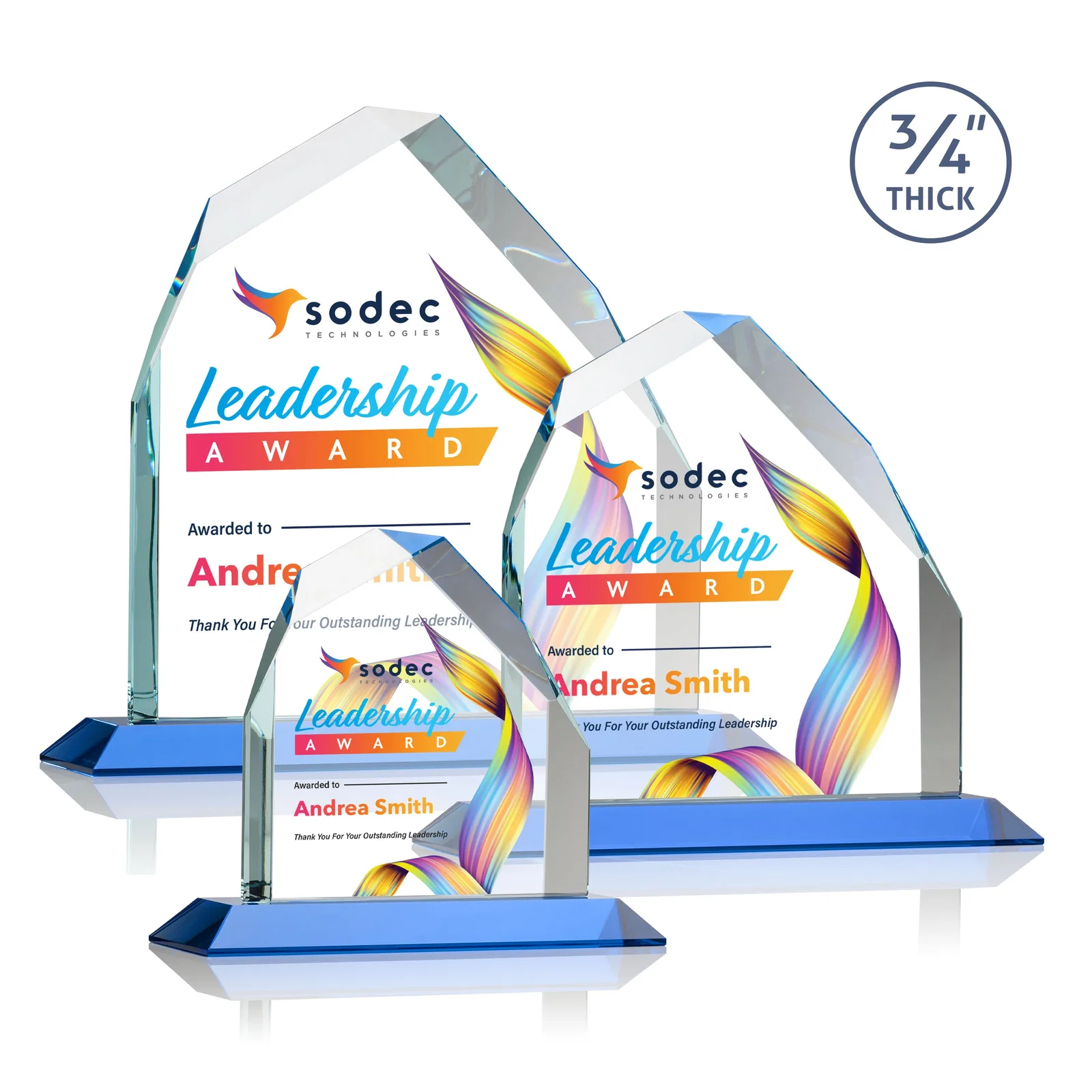 Custom printed Starfire Crystal Peak Award with Divergent Bevel Edges, awards for retirement presentations
