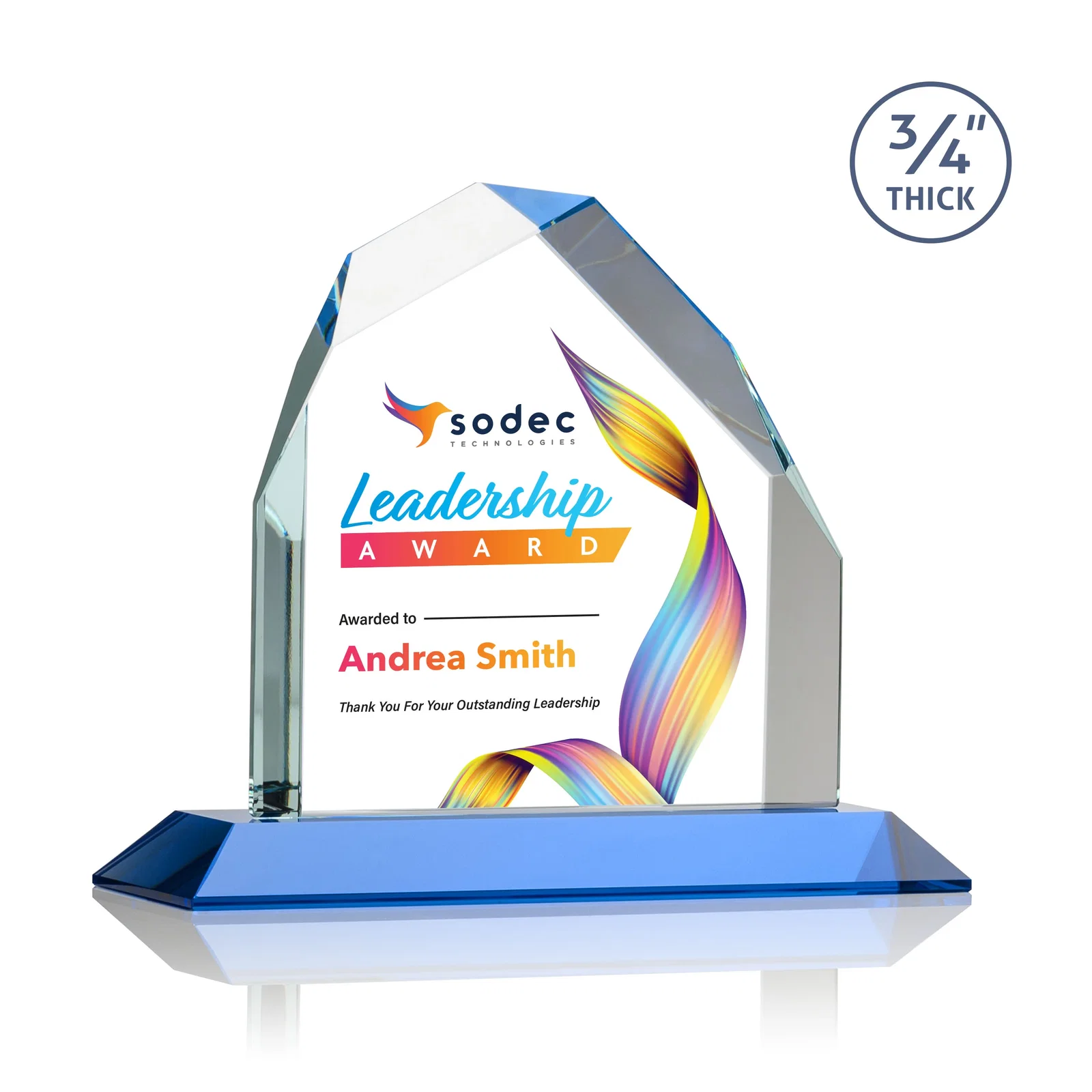 Custom printed Starfire Crystal Peak Award with Divergent Bevel Edges, awards for team milestone celebrations
