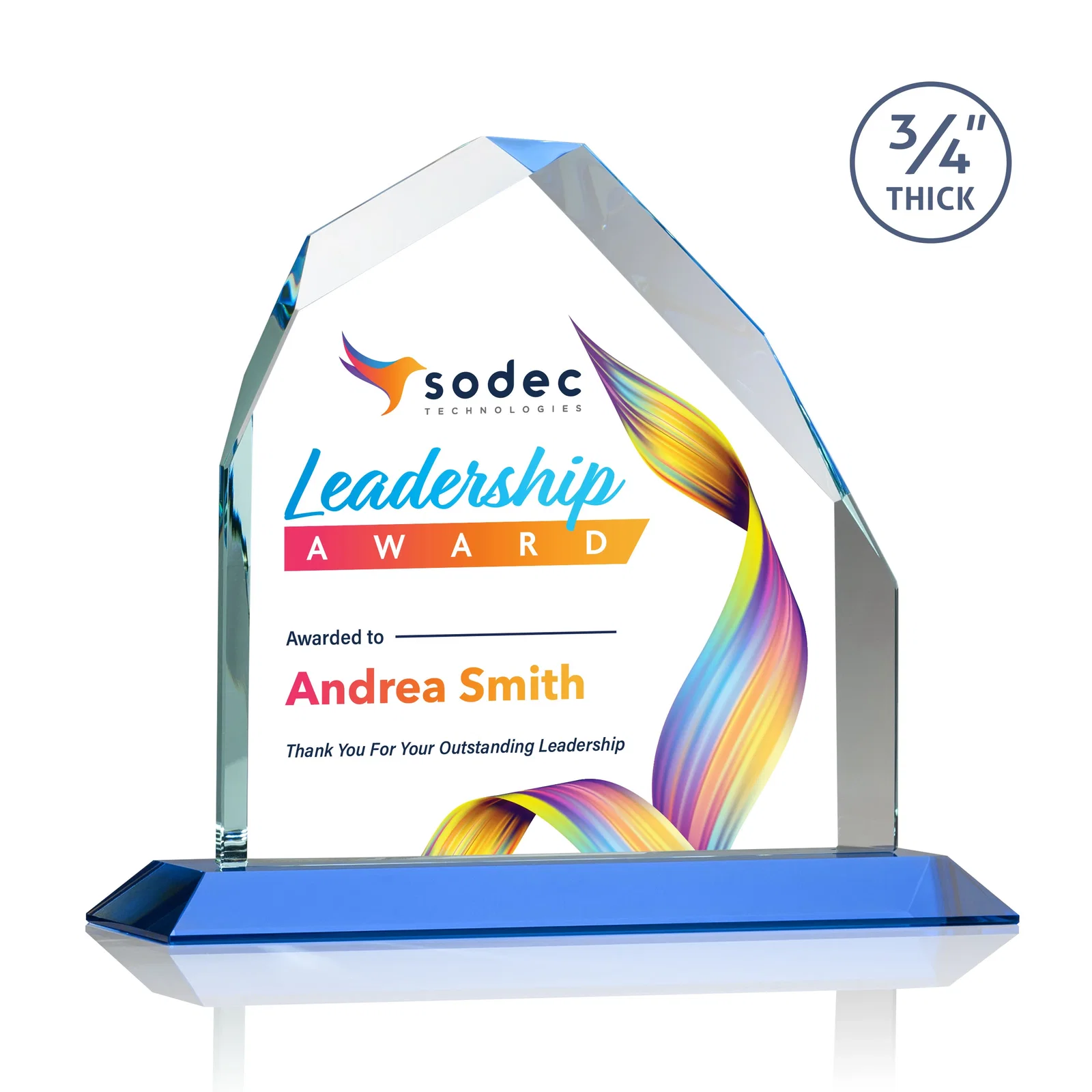 Custom printed Starfire Crystal Peak Award with Divergent Bevel Edges, awards for donor appreciation
