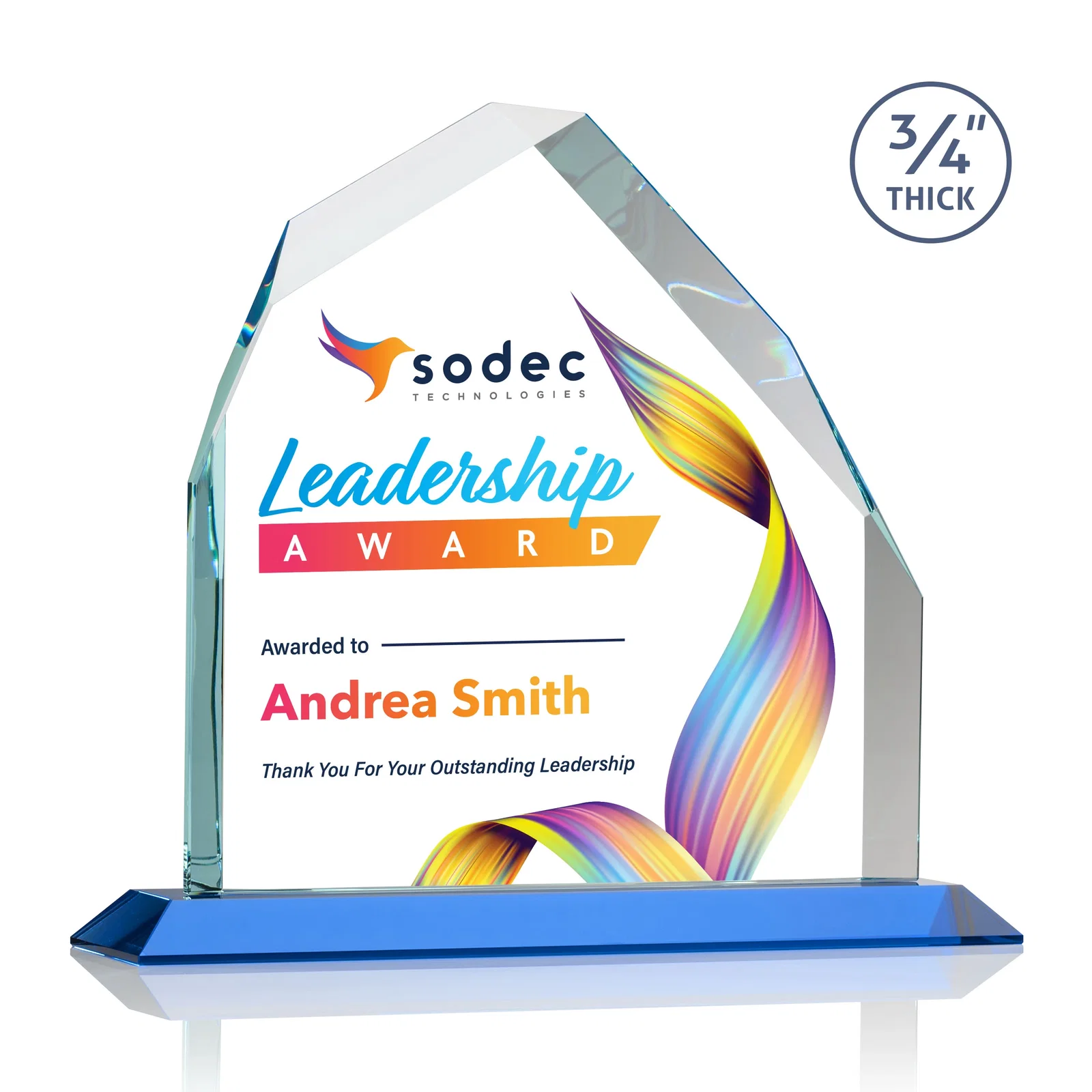 Custom printed Starfire Crystal Peak Award with Divergent Bevel Edges, awards for graduation ceremonies