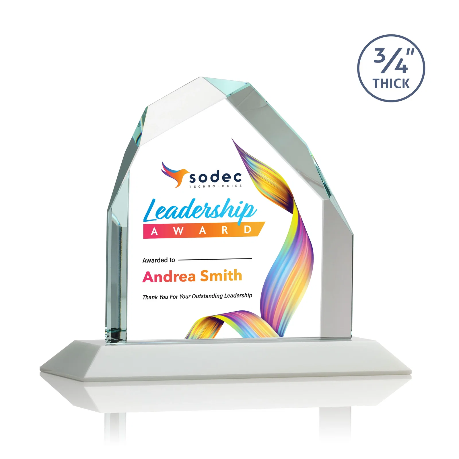 Custom printed Starfire Crystal Peak Award with Divergent Bevel Edges, awards for volunteer appreciation