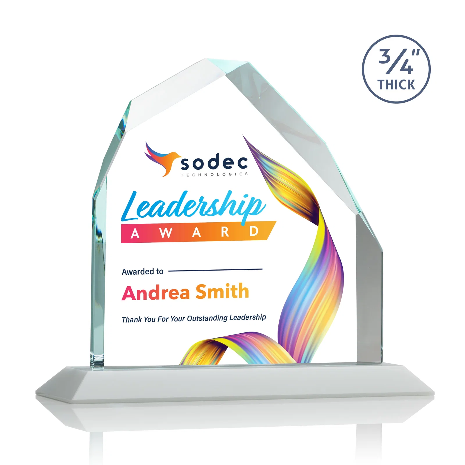Custom printed Starfire Crystal Peak Award with Divergent Bevel Edges, awards for dealer and partner awards