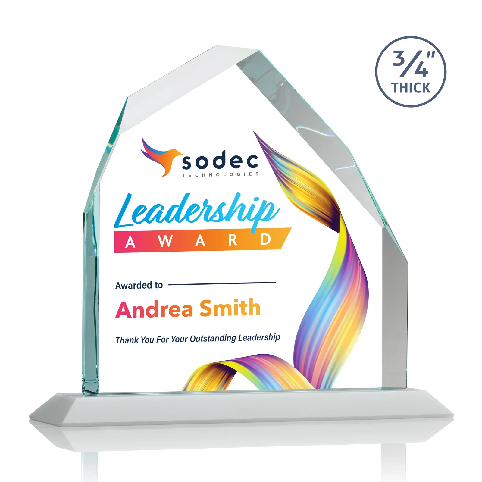 Custom printed Starfire Crystal Peak Award with Divergent Bevel Edges, awards for company anniversary events