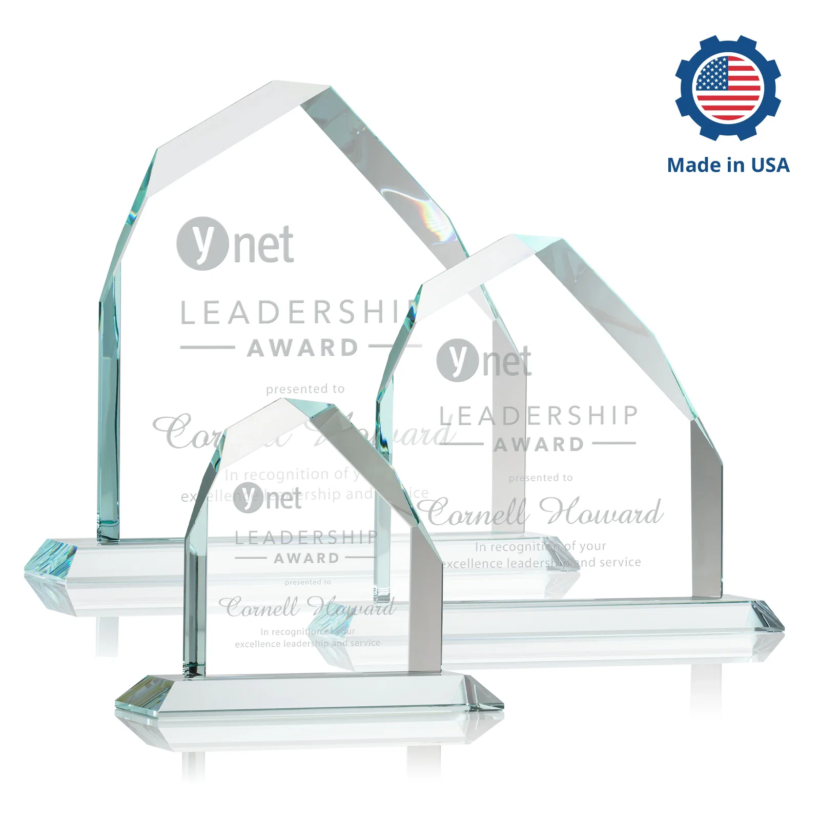 Customized Starfire Crystal Peak Award with Divergent Bevel Edges, awards for retirement presentations