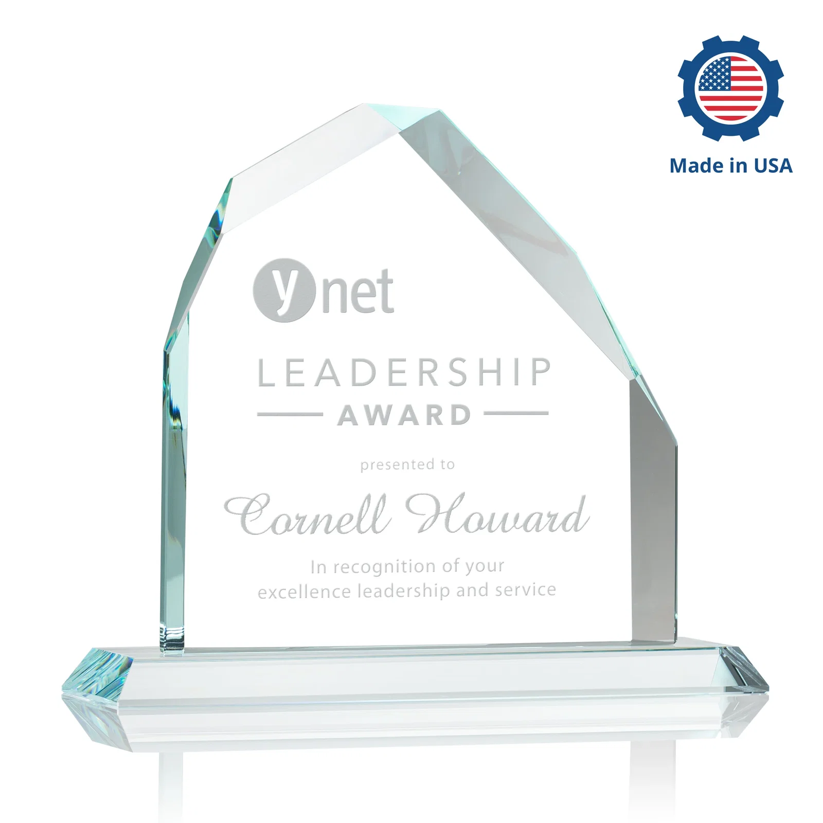 Customized Starfire Crystal Peak Award with Divergent Bevel Edges, awards for donor appreciation