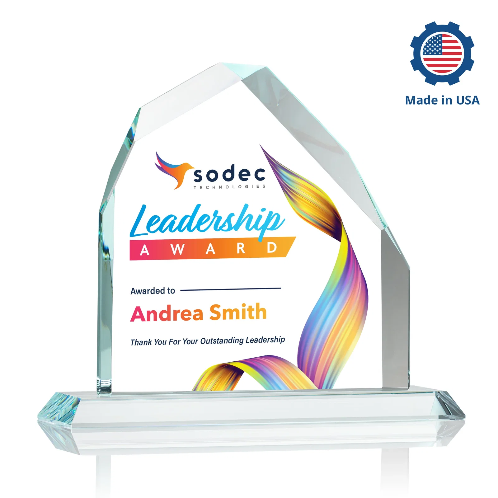 Customized Starfire Crystal Peak Award with Divergent Bevel Edges, awards for company anniversary events