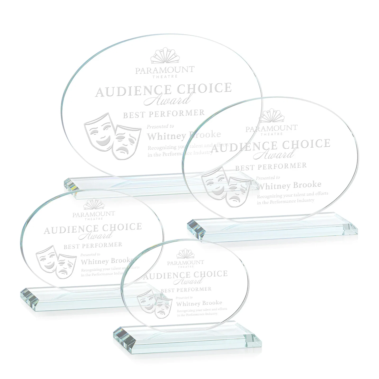 Custom Starfire Crystal Oval Award on Beveled Base, Horizontal or Vertical, awards for employee recognition