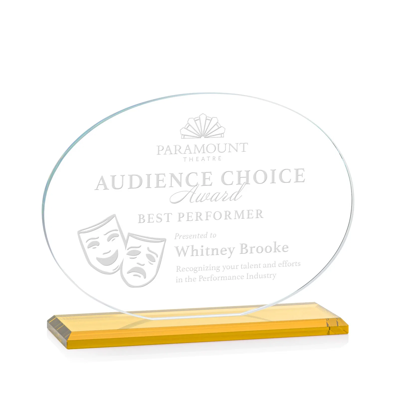 Custom Starfire Crystal Oval Award on Beveled Base, Horizontal or Vertical, awards for volunteer appreciation