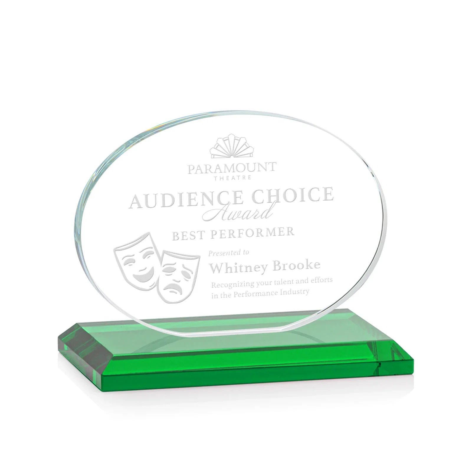 Custom Starfire Crystal Oval Award on Beveled Base, Horizontal or Vertical, awards for company anniversary events
