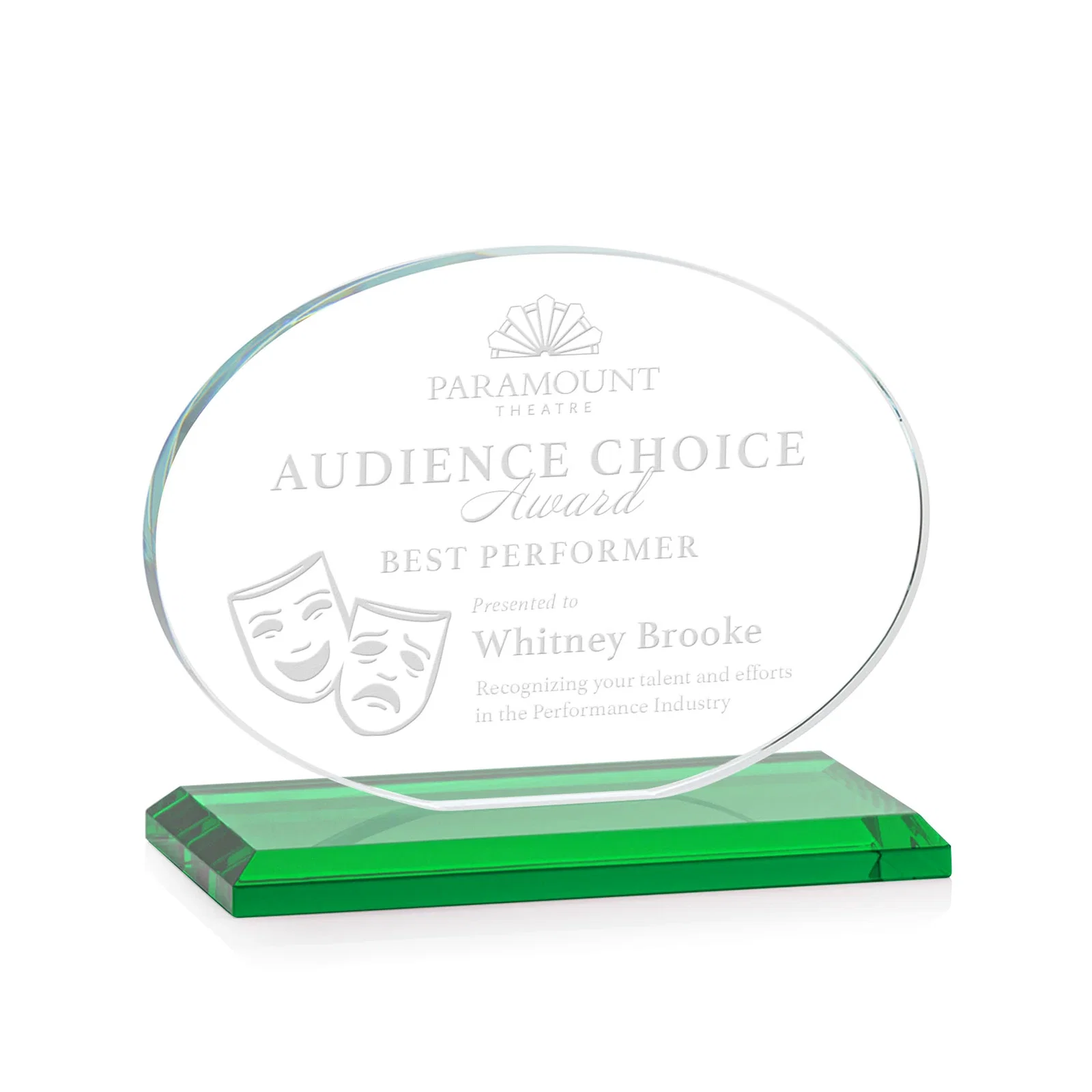 Personalized Starfire Crystal Oval Award on Beveled Base, Horizontal or Vertical, awards for employee recognition