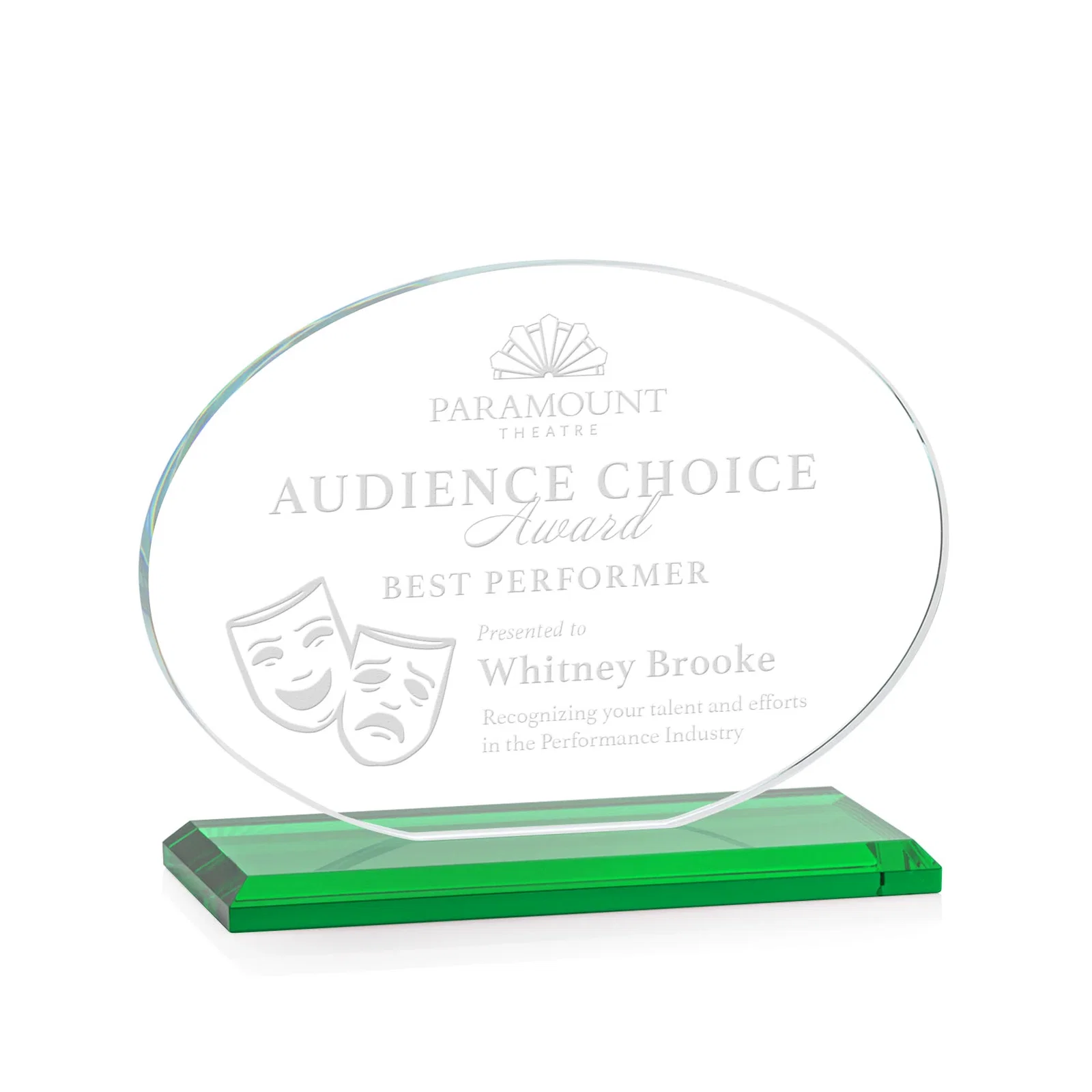 Personalized Starfire Crystal Oval Award on Beveled Base, Horizontal or Vertical, awards for corporate award ceremonies