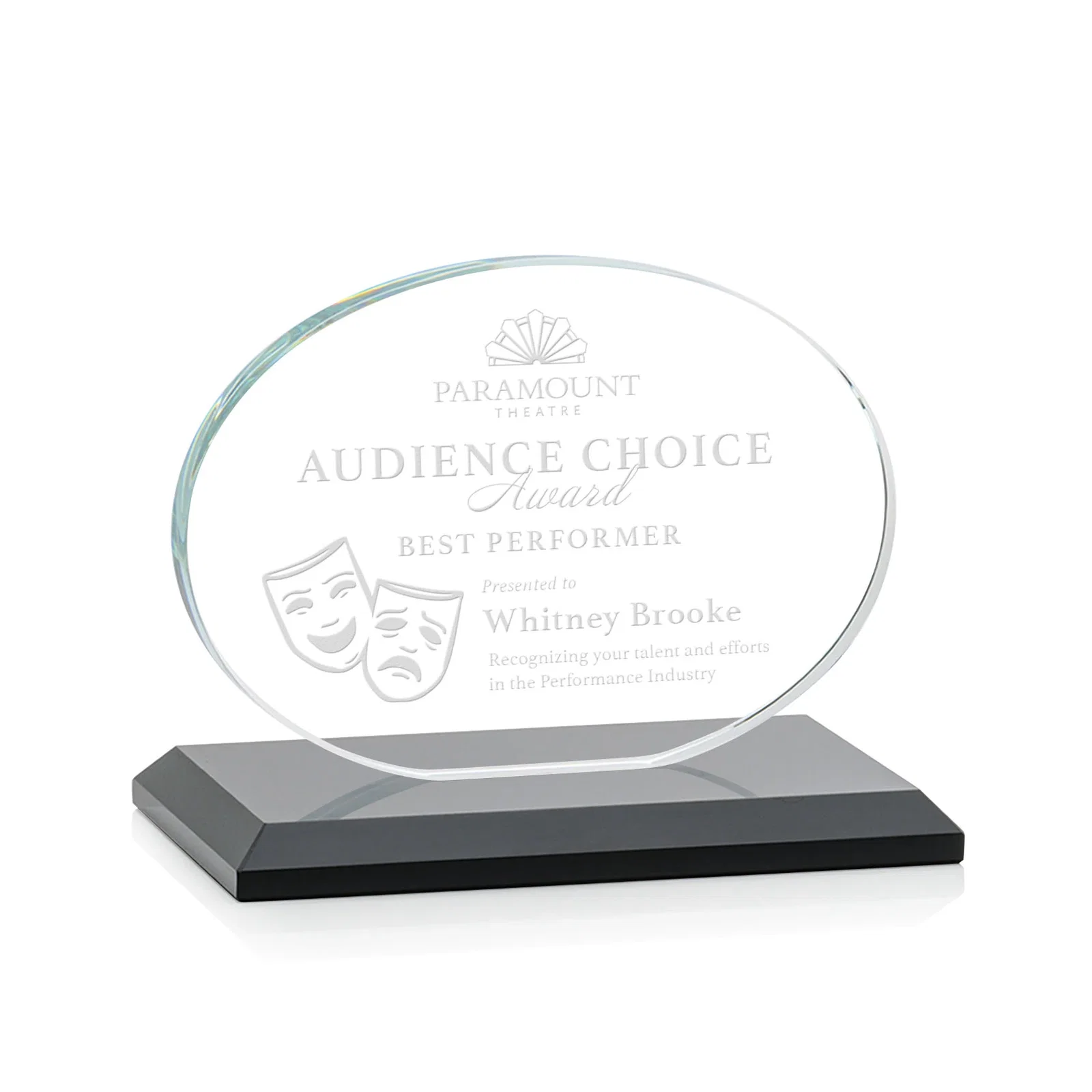 Personalized Starfire Crystal Oval Award on Beveled Base, Horizontal or Vertical, awards for retirement presentations
