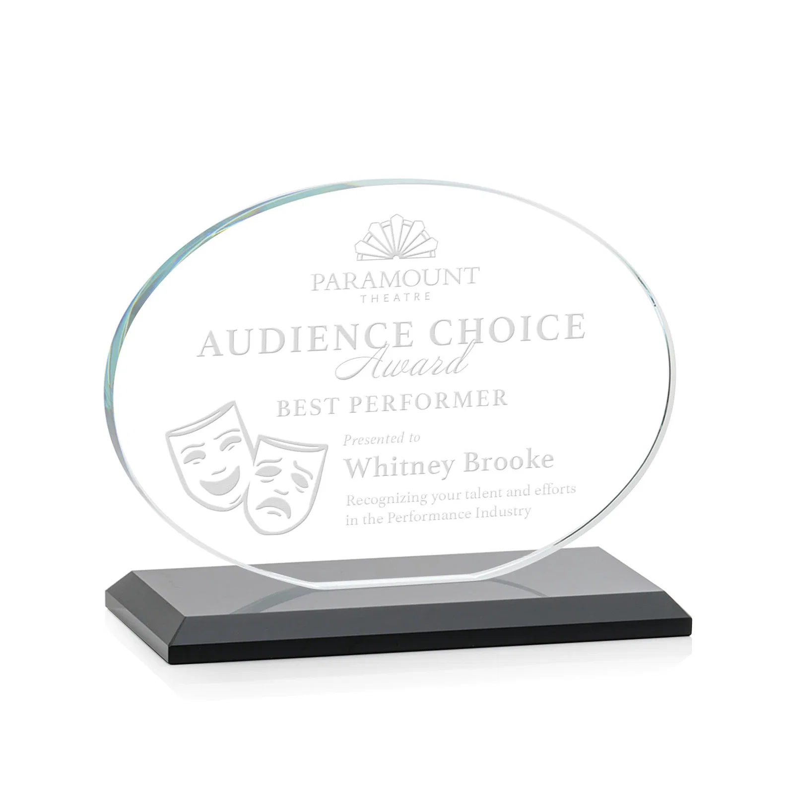 Personalized Starfire Crystal Oval Award on Beveled Base, Horizontal or Vertical, awards for team milestone celebrations