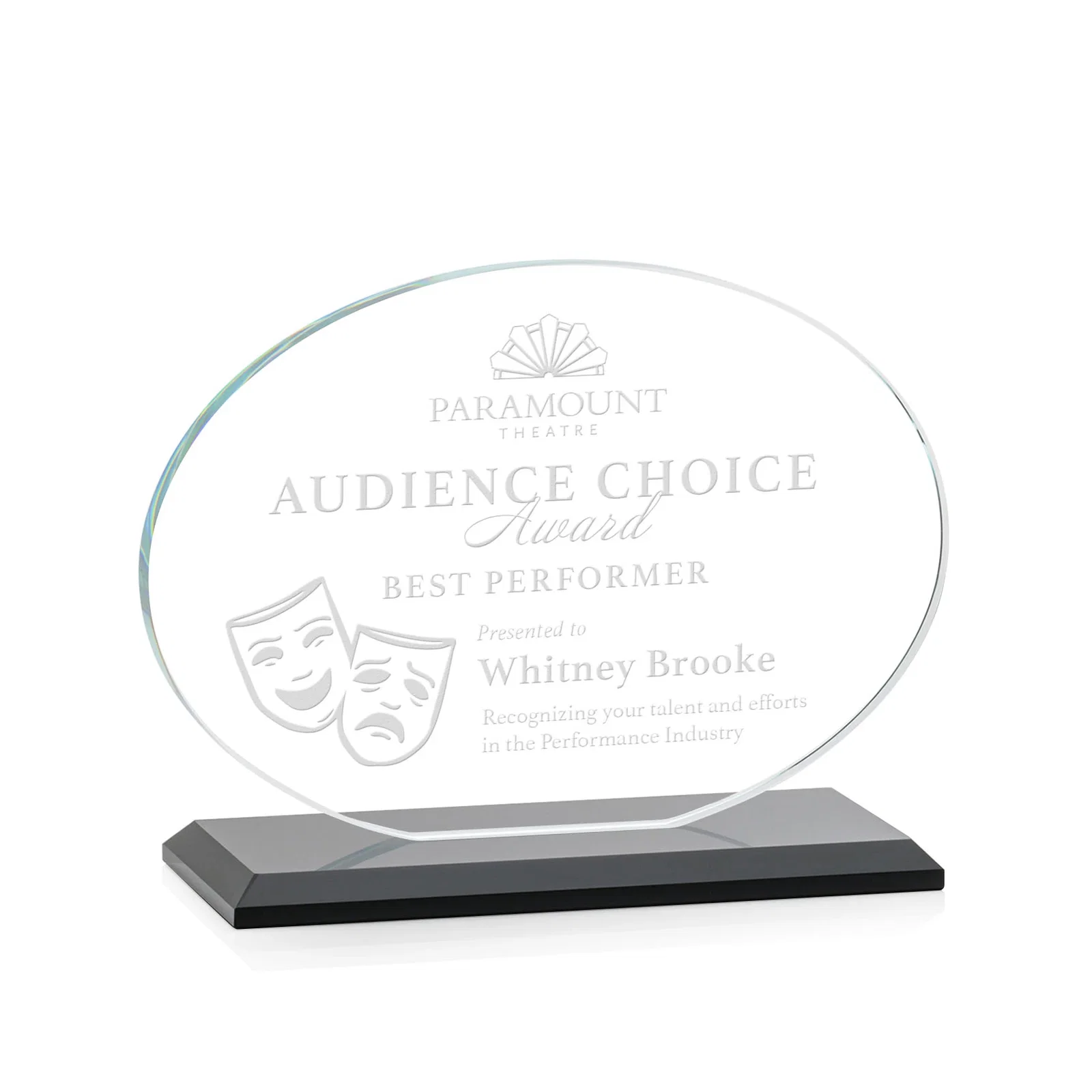 Personalized Starfire Crystal Oval Award on Beveled Base, Horizontal or Vertical, awards for donor appreciation