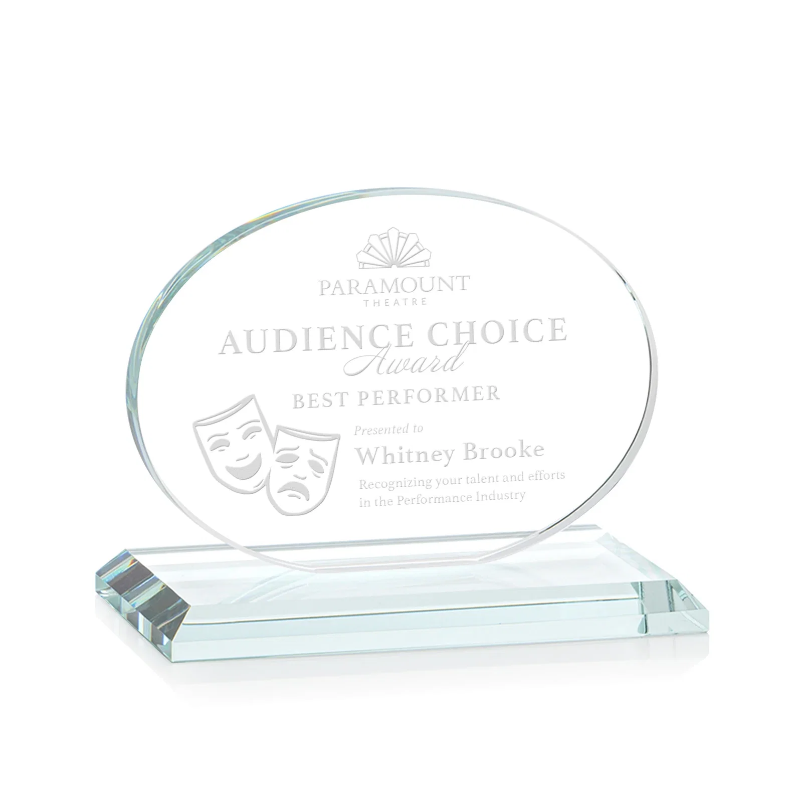 Custom Starfire Crystal Oval Award on Beveled Base, Horizontal or Vertical, awards for corporate award ceremonies