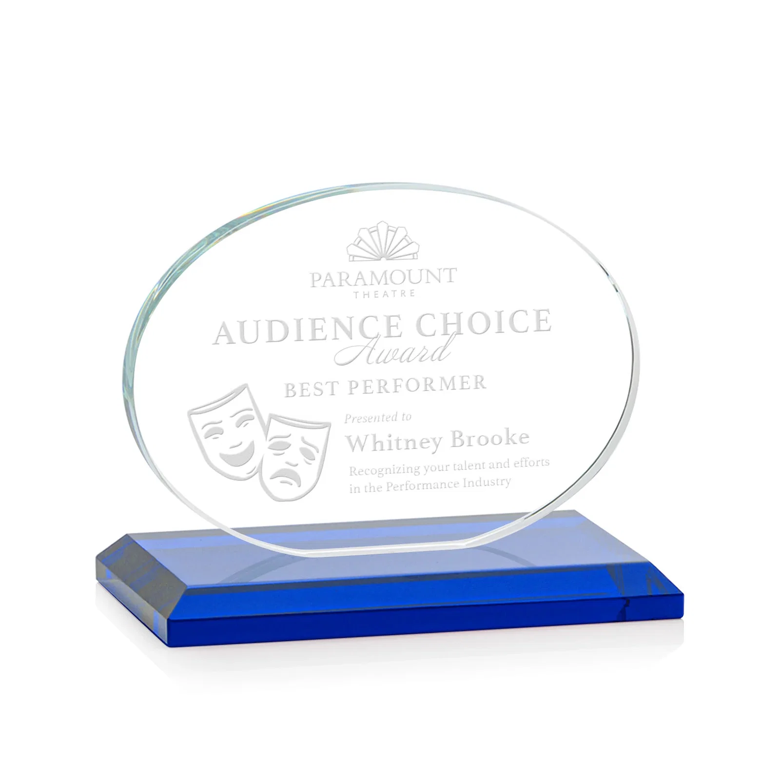 Personalized Starfire Crystal Oval Award on Beveled Base, Horizontal or Vertical, awards for volunteer appreciation