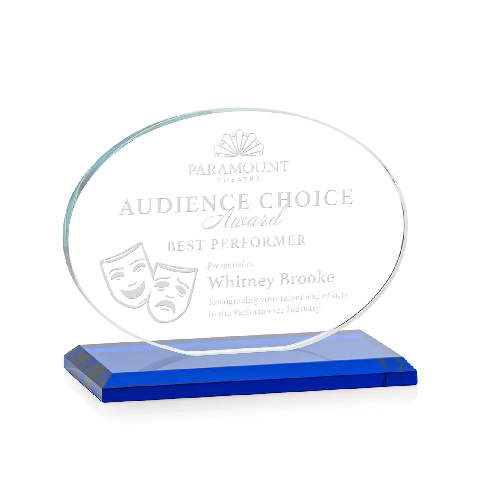 Personalized Starfire Crystal Oval Award on Beveled Base, Horizontal or Vertical, awards for dealer and partner awards