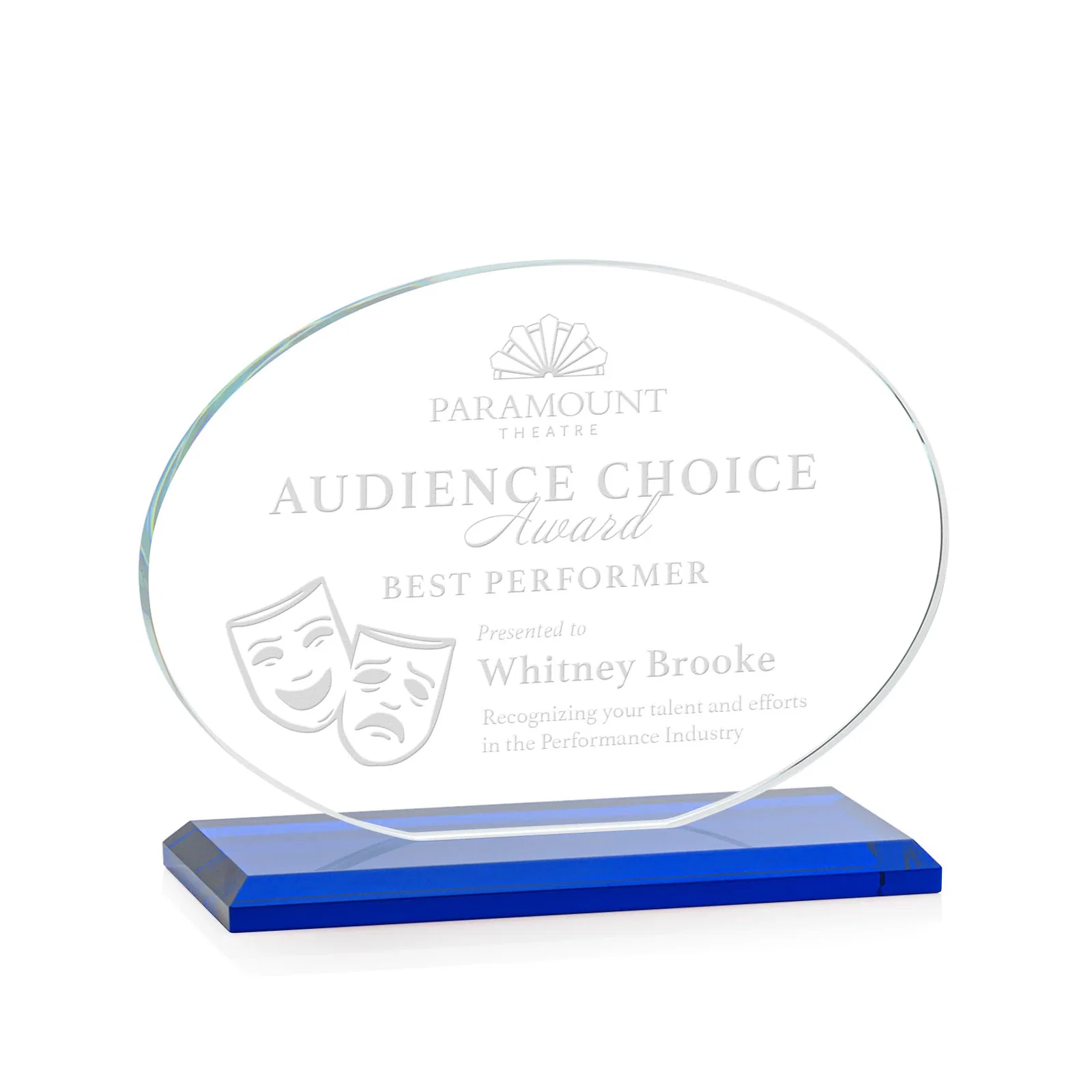 Personalized Starfire Crystal Oval Award on Beveled Base, Horizontal or Vertical, awards for company anniversary events