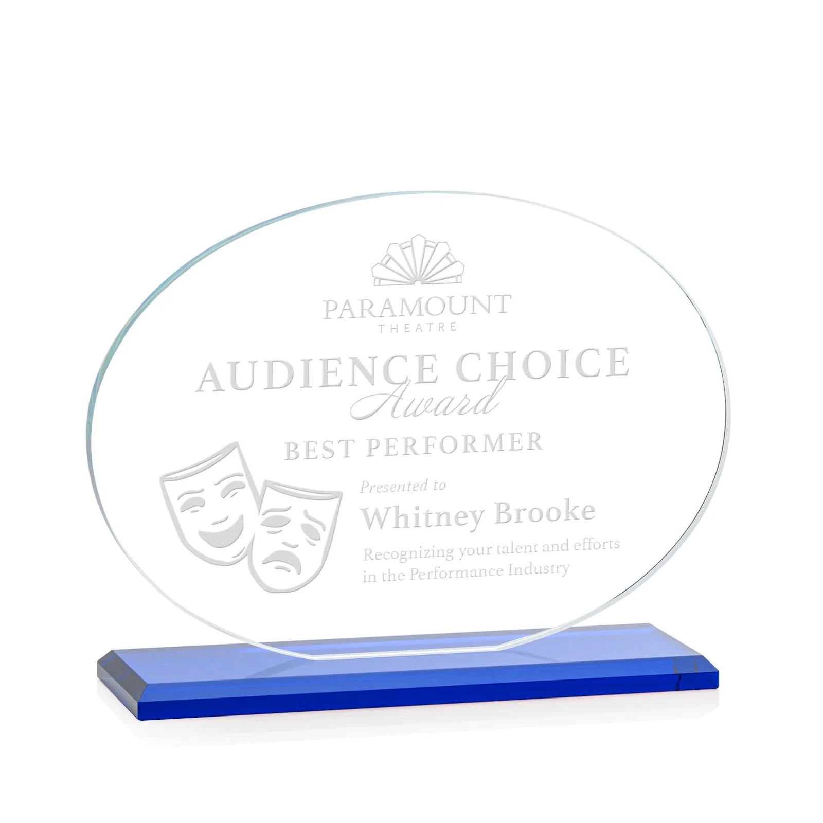 Promotional Starfire Crystal Oval Award on Beveled Base, Horizontal or Vertical, awards for employee recognition