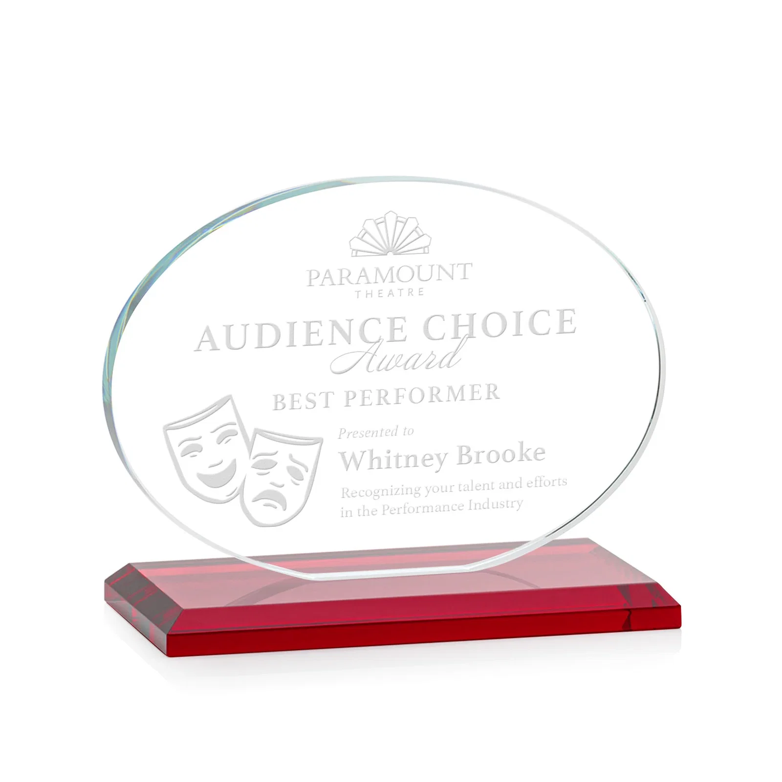 Promotional Starfire Crystal Oval Award on Beveled Base, Horizontal or Vertical, awards for sales achievement awards