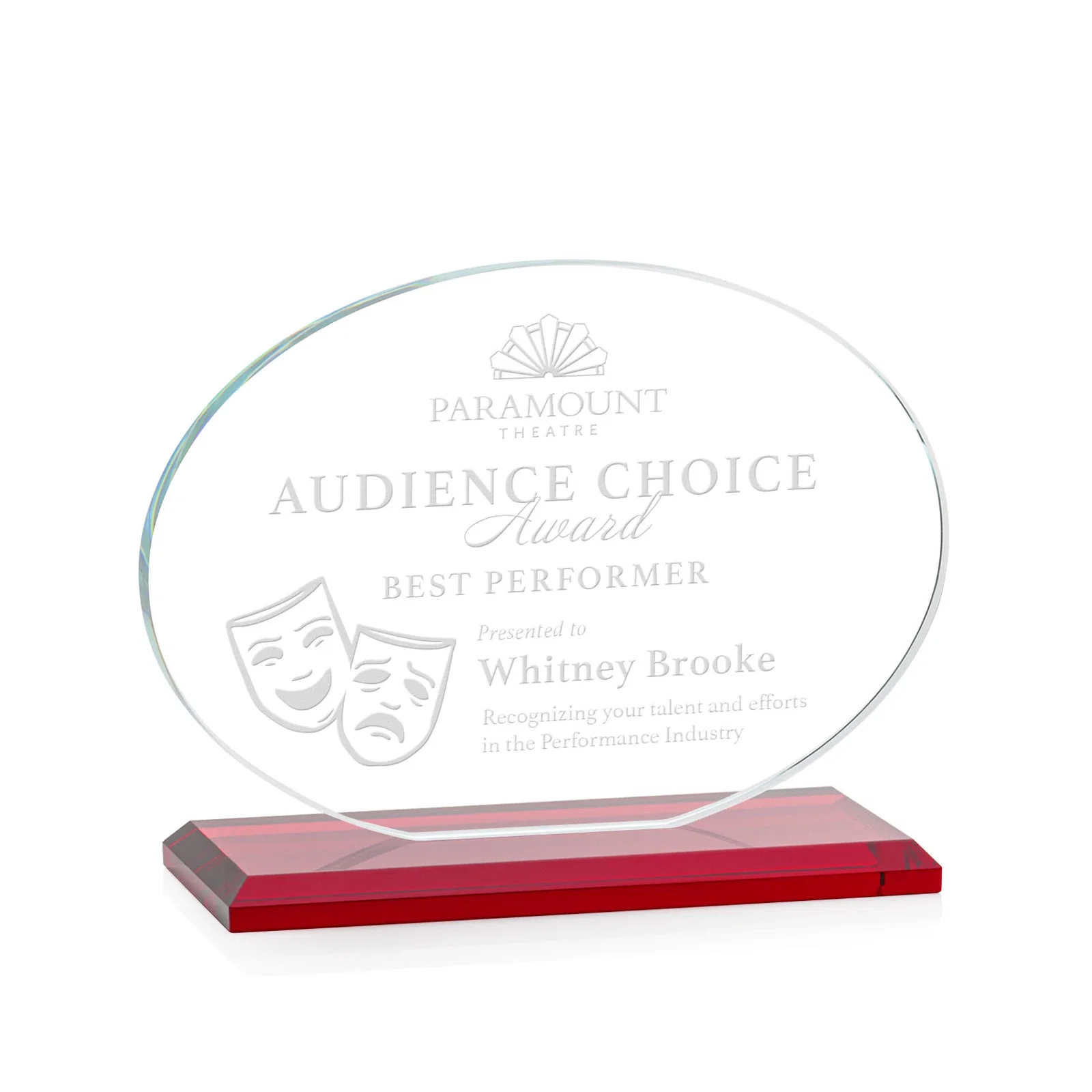Promotional Starfire Crystal Oval Award on Beveled Base, Horizontal or Vertical, awards for retirement presentations