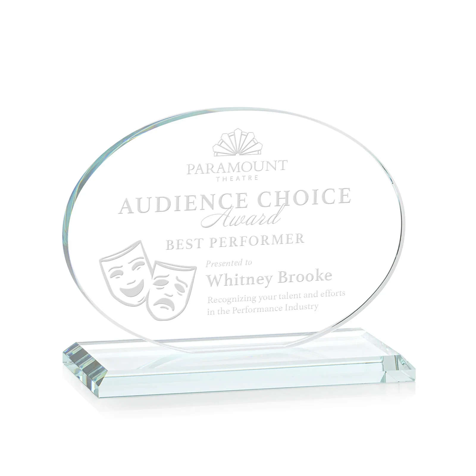 Custom Starfire Crystal Oval Award on Beveled Base, Horizontal or Vertical, awards for service anniversary gifts