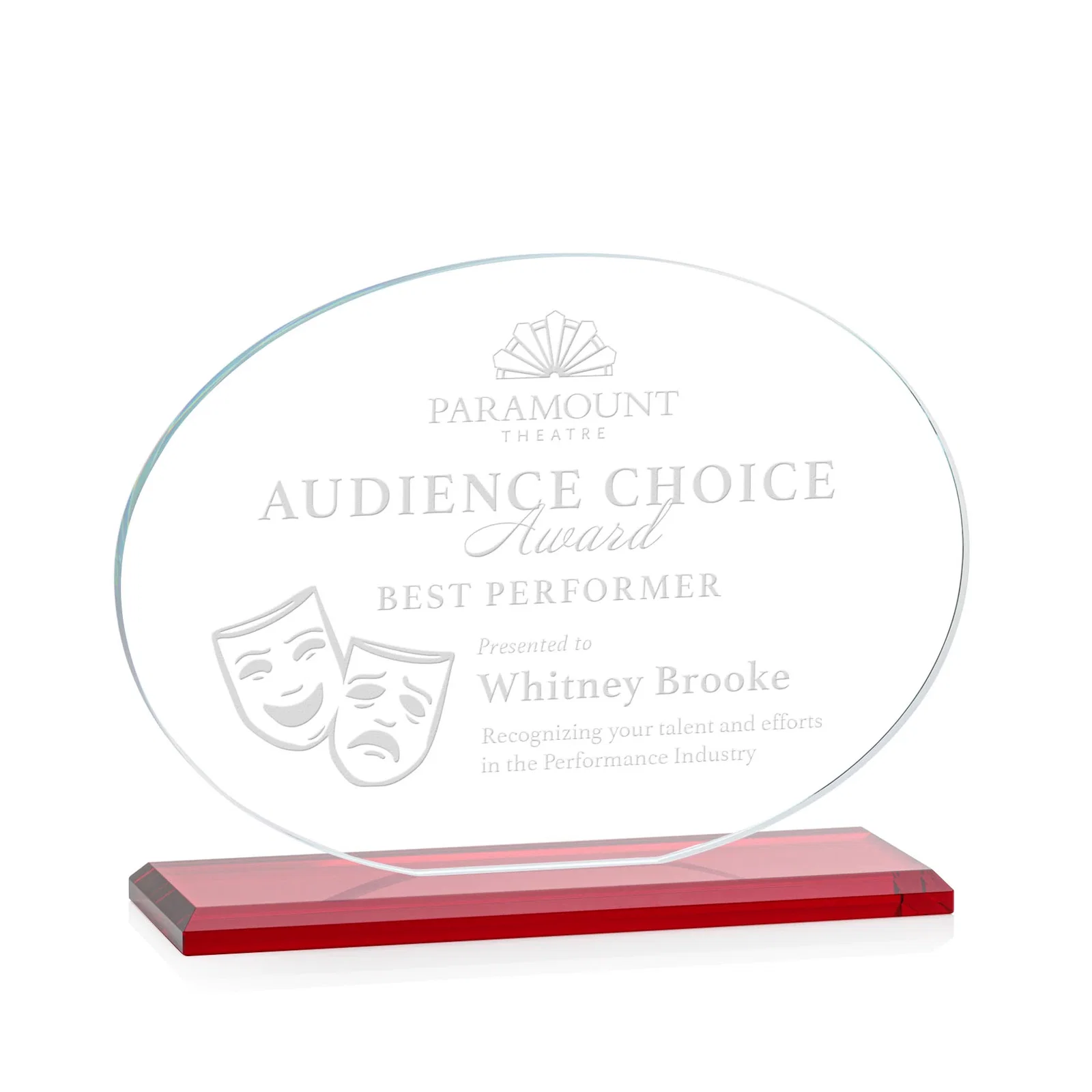 Promotional Starfire Crystal Oval Award on Beveled Base, Horizontal or Vertical, awards for team milestone celebrations