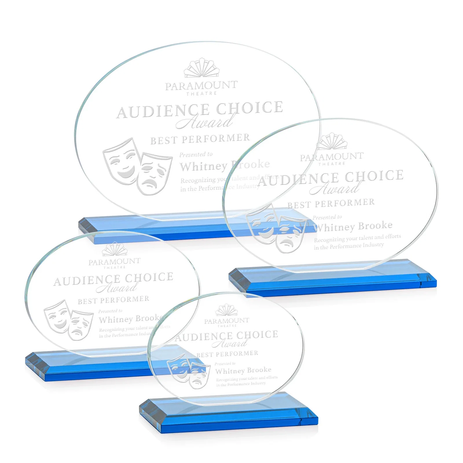 Promotional Starfire Crystal Oval Award on Beveled Base, Horizontal or Vertical, awards for donor appreciation
