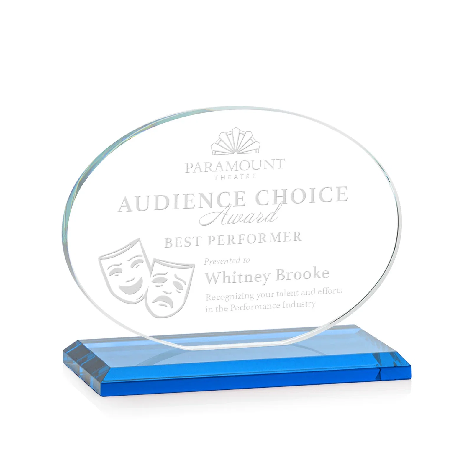 Promotional Starfire Crystal Oval Award on Beveled Base, Horizontal or Vertical, awards for safety achievement programs