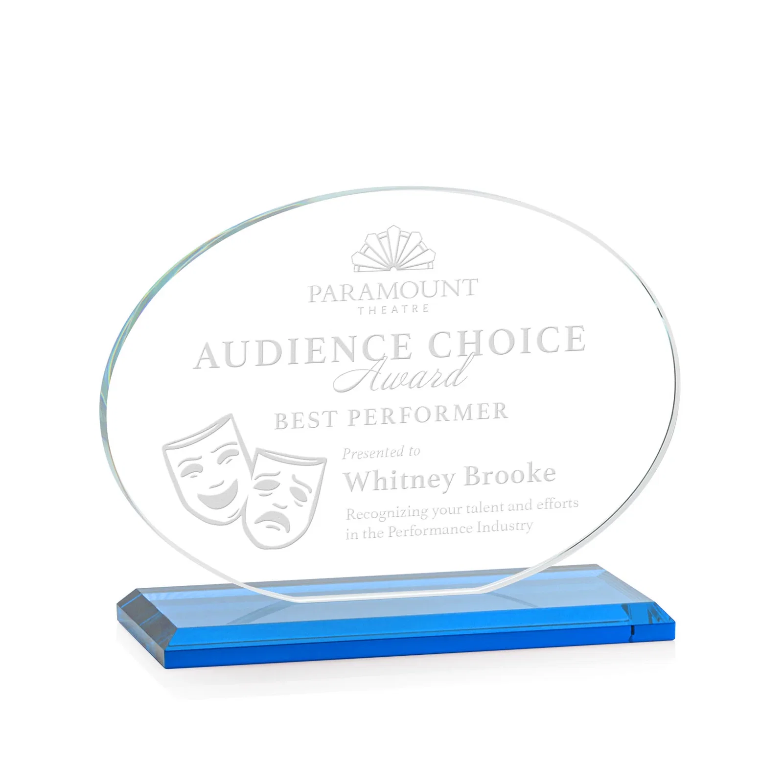 Promotional Starfire Crystal Oval Award on Beveled Base, Horizontal or Vertical, awards for volunteer appreciation