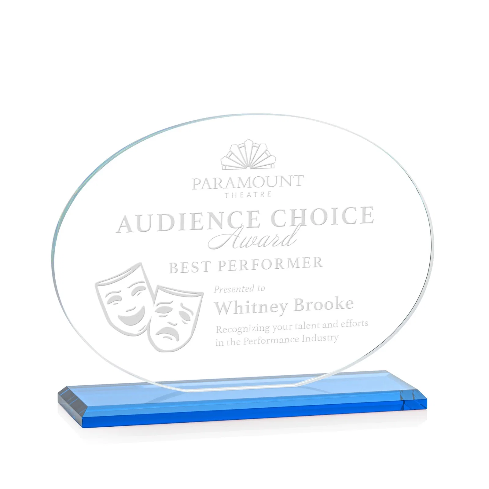 Promotional Starfire Crystal Oval Award on Beveled Base, Horizontal or Vertical, awards for dealer and partner awards