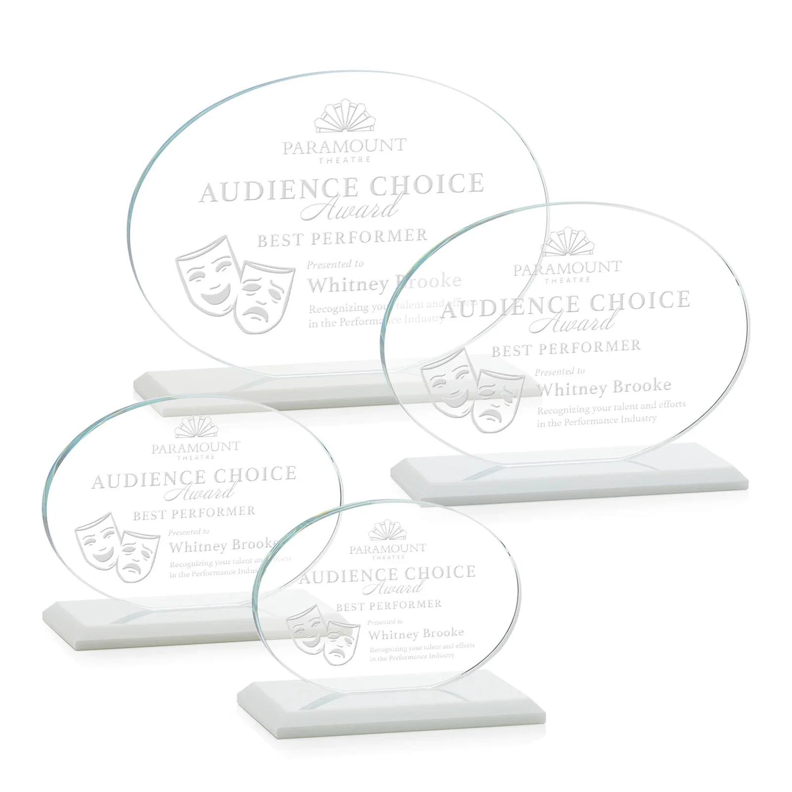 Promotional Starfire Crystal Oval Award on Beveled Base, Horizontal or Vertical, awards for company anniversary events