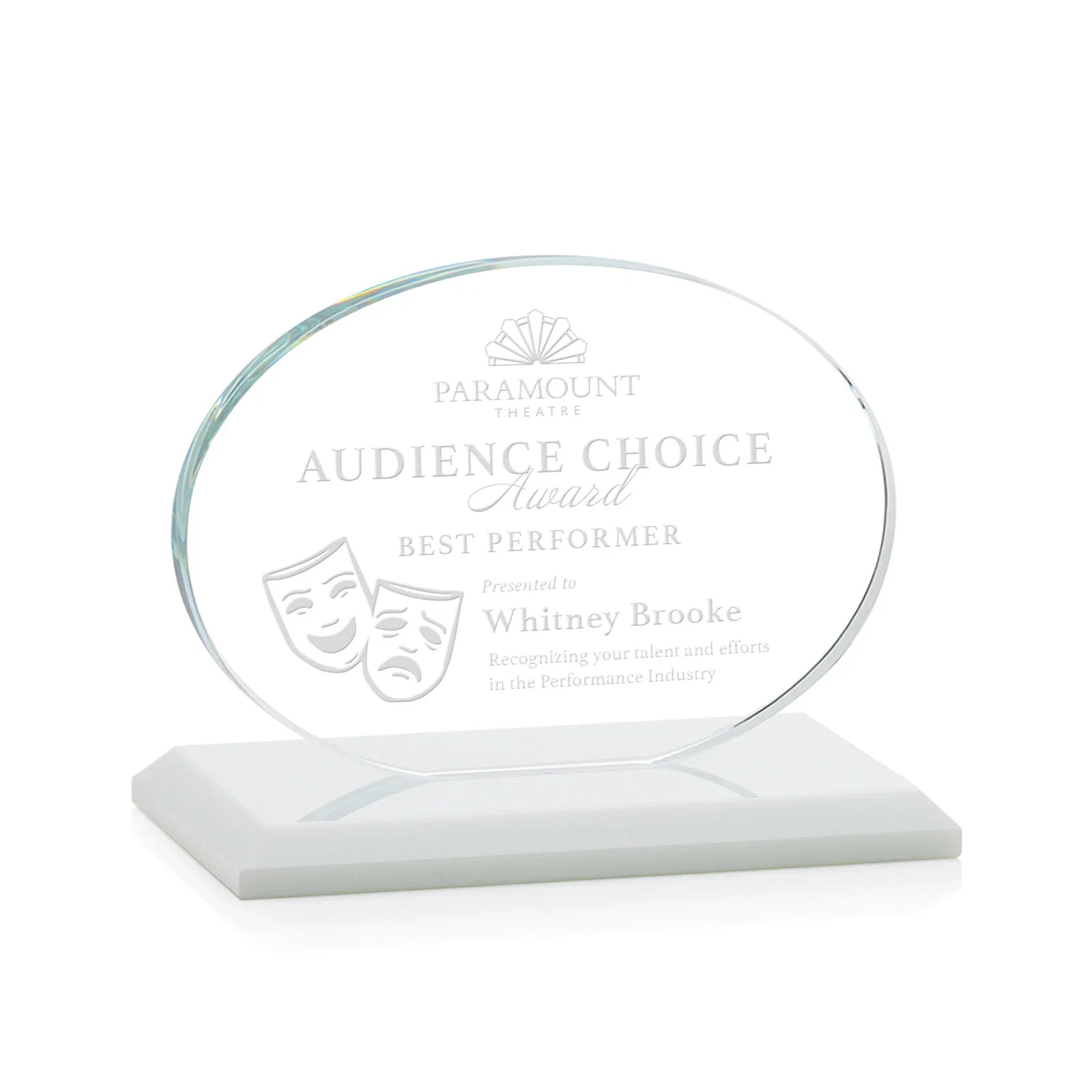 Branded Starfire Crystal Oval Award on Beveled Base, Horizontal or Vertical, awards for employee recognition