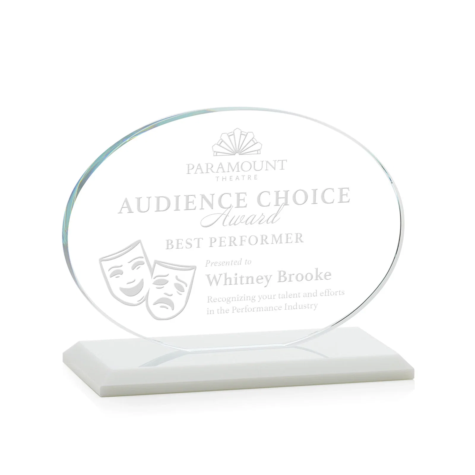 Branded Starfire Crystal Oval Award on Beveled Base, Horizontal or Vertical, awards for corporate award ceremonies