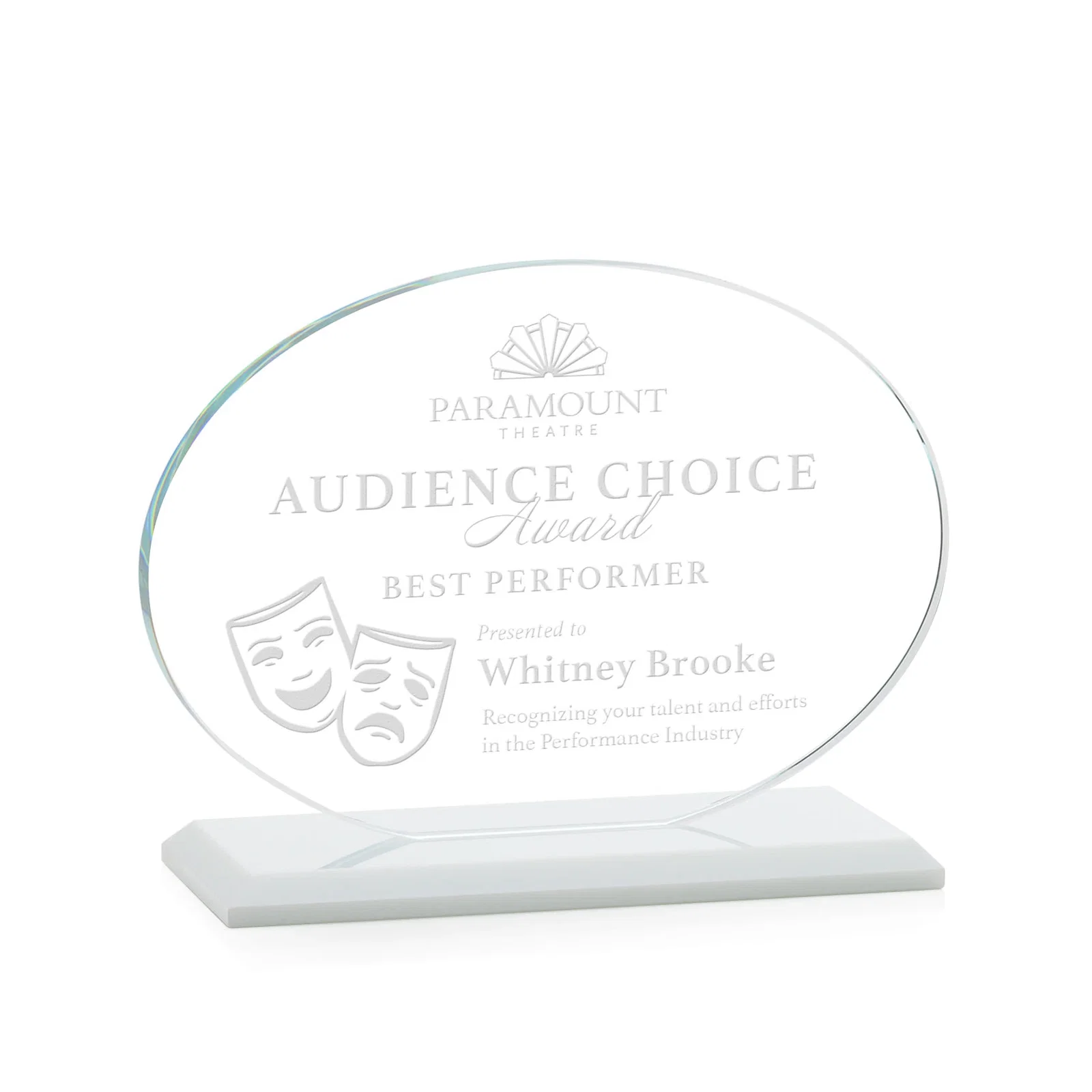 Branded Starfire Crystal Oval Award on Beveled Base, Horizontal or Vertical, awards for service anniversary gifts