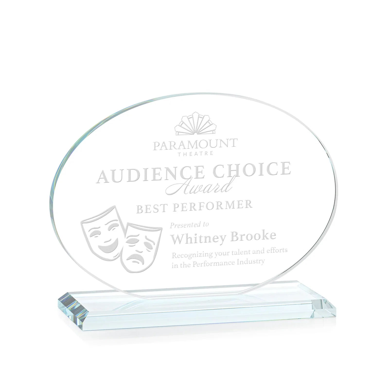 Custom Starfire Crystal Oval Award on Beveled Base, Horizontal or Vertical, awards for sales achievement awards
