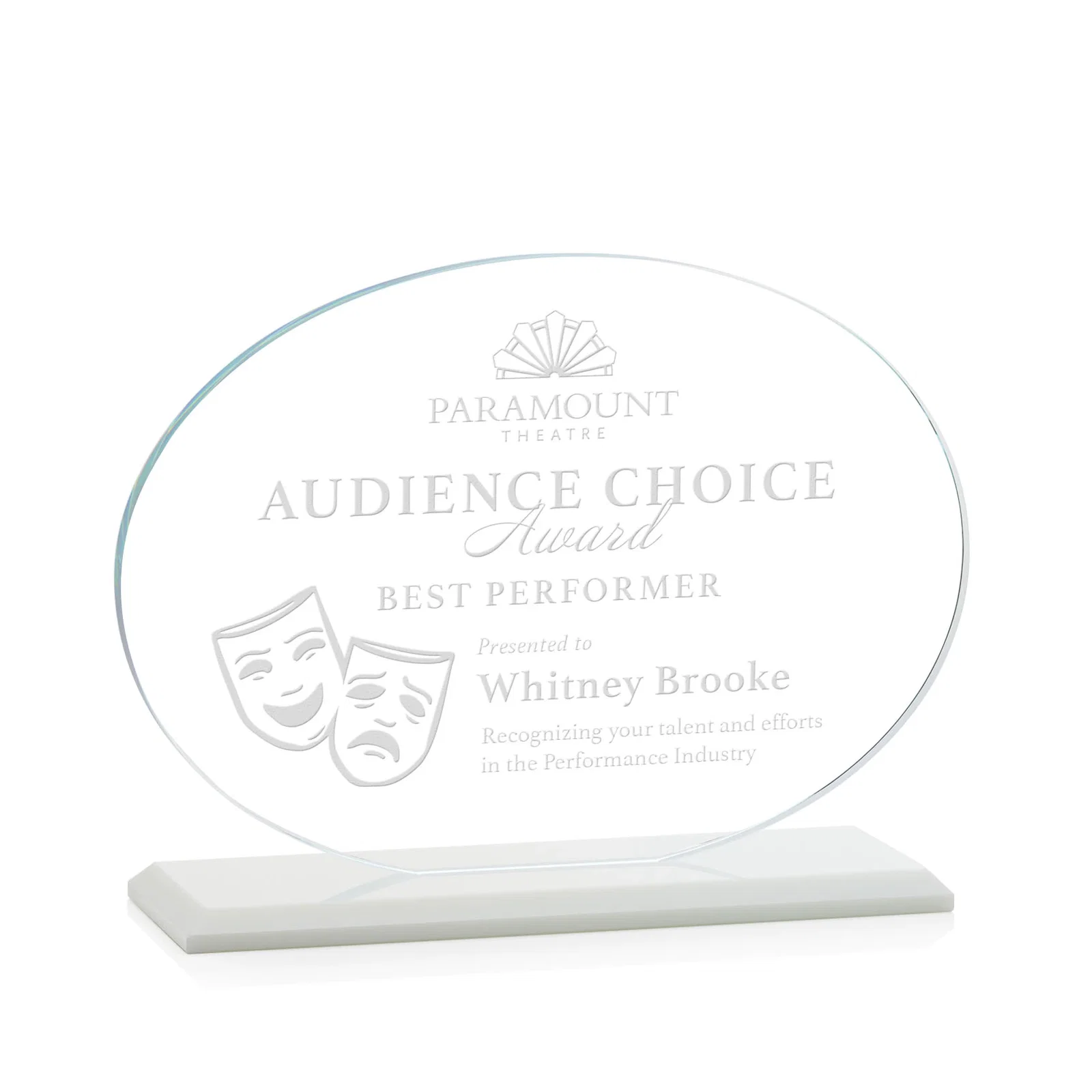 Branded Starfire Crystal Oval Award on Beveled Base, Horizontal or Vertical, awards for sales achievement awards