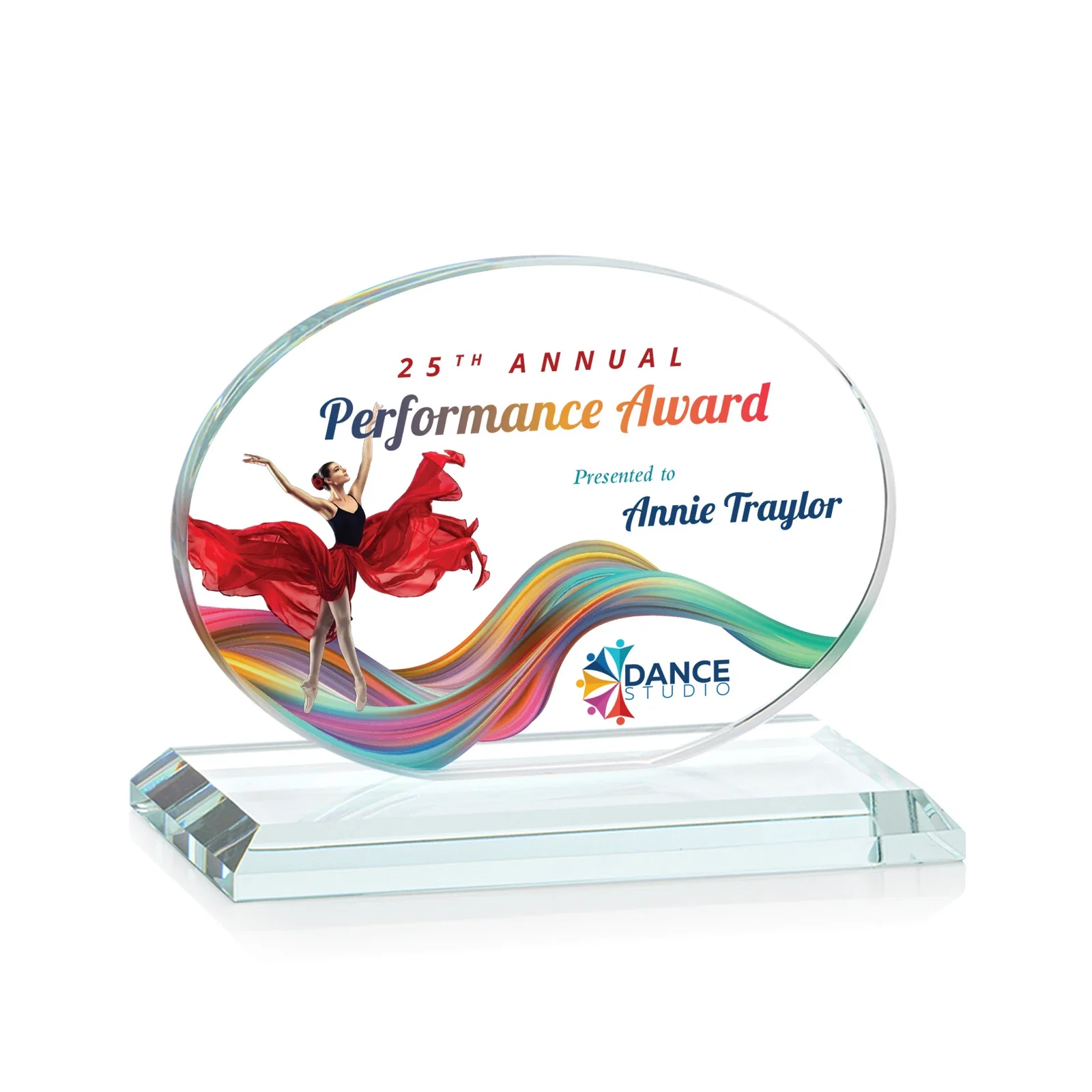 Branded Starfire Crystal Oval Award on Beveled Base, Horizontal or Vertical, awards for team milestone celebrations