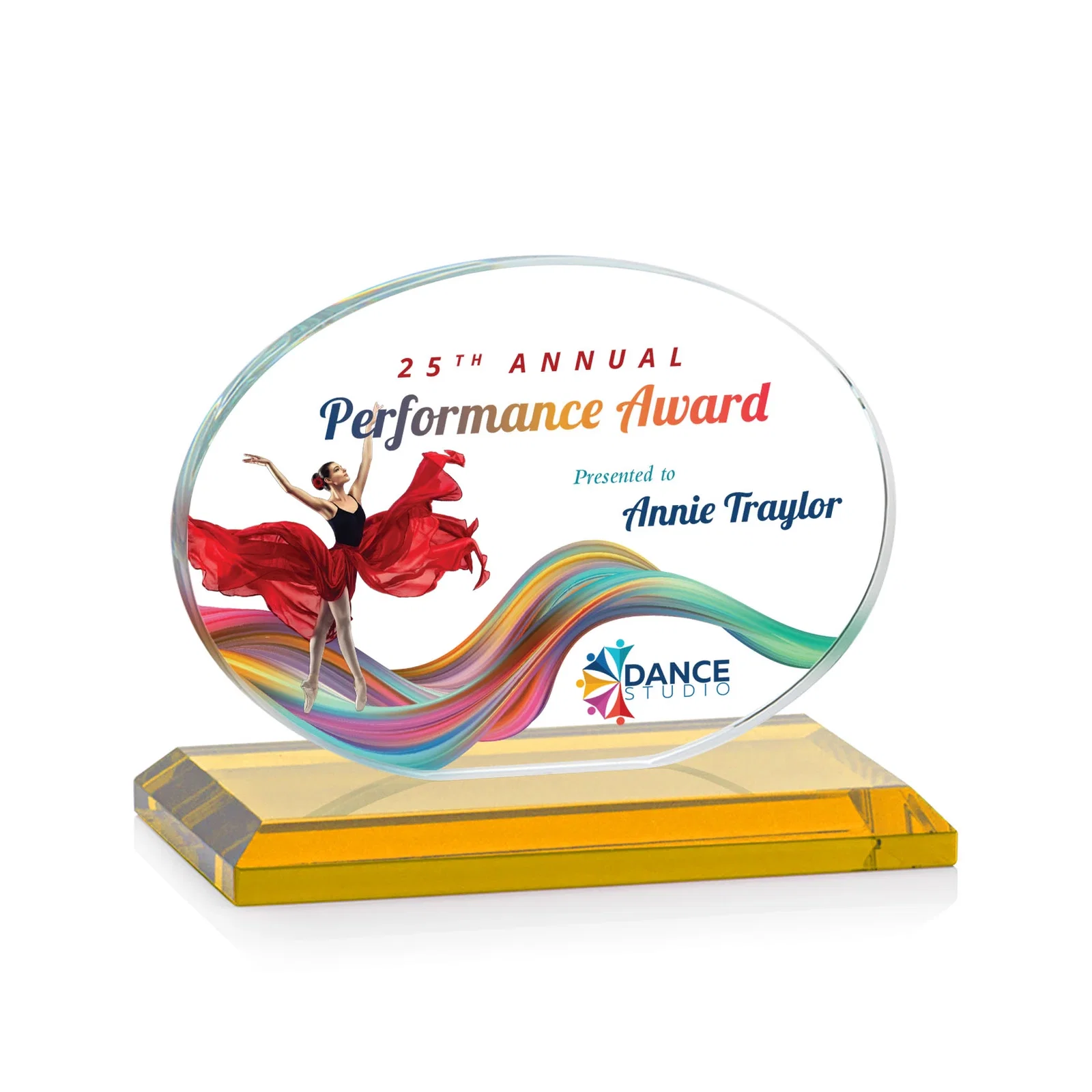 Branded Starfire Crystal Oval Award on Beveled Base, Horizontal or Vertical, awards for dealer and partner awards